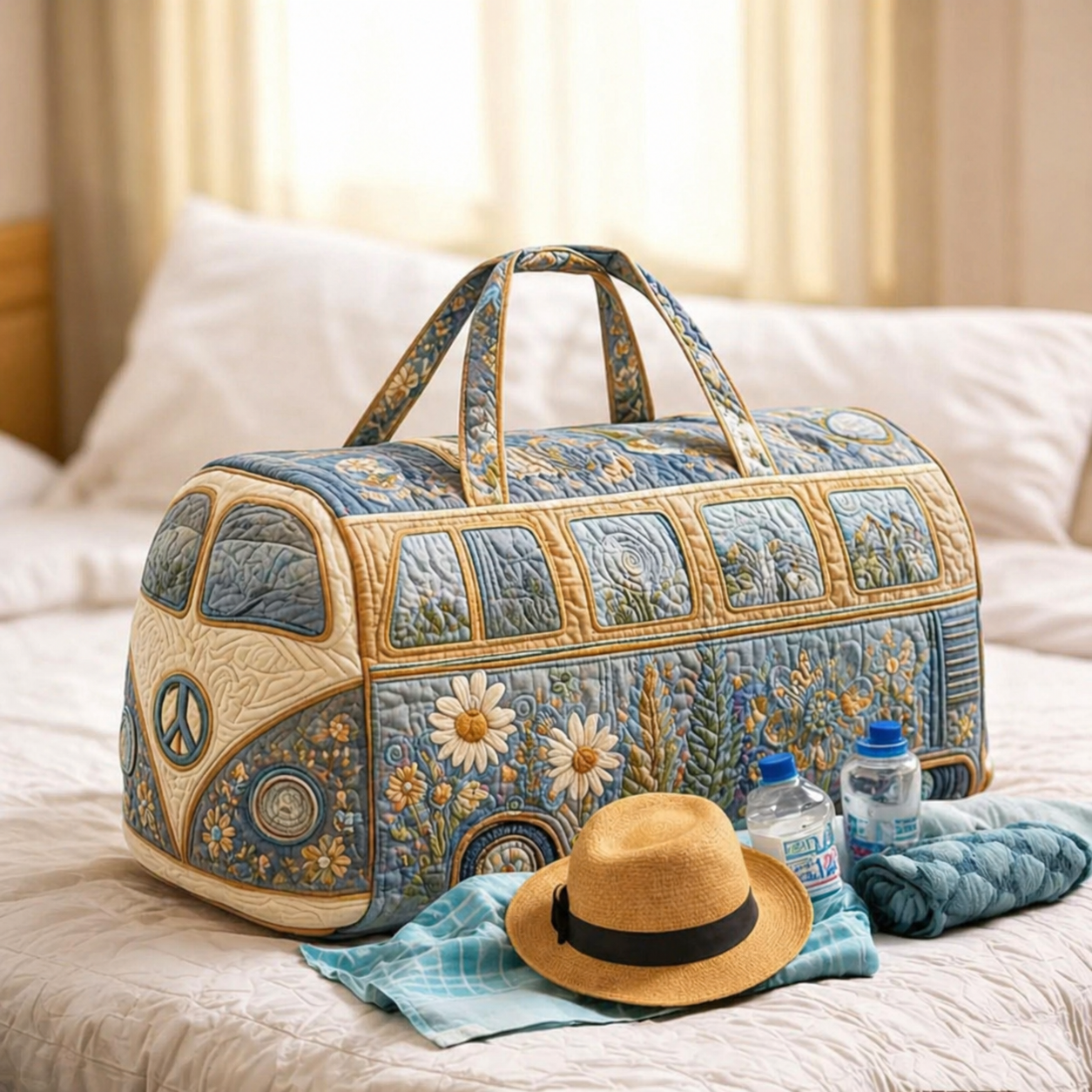 Denim Blue Wildflower Hippie Van Quilted Duffle Bag