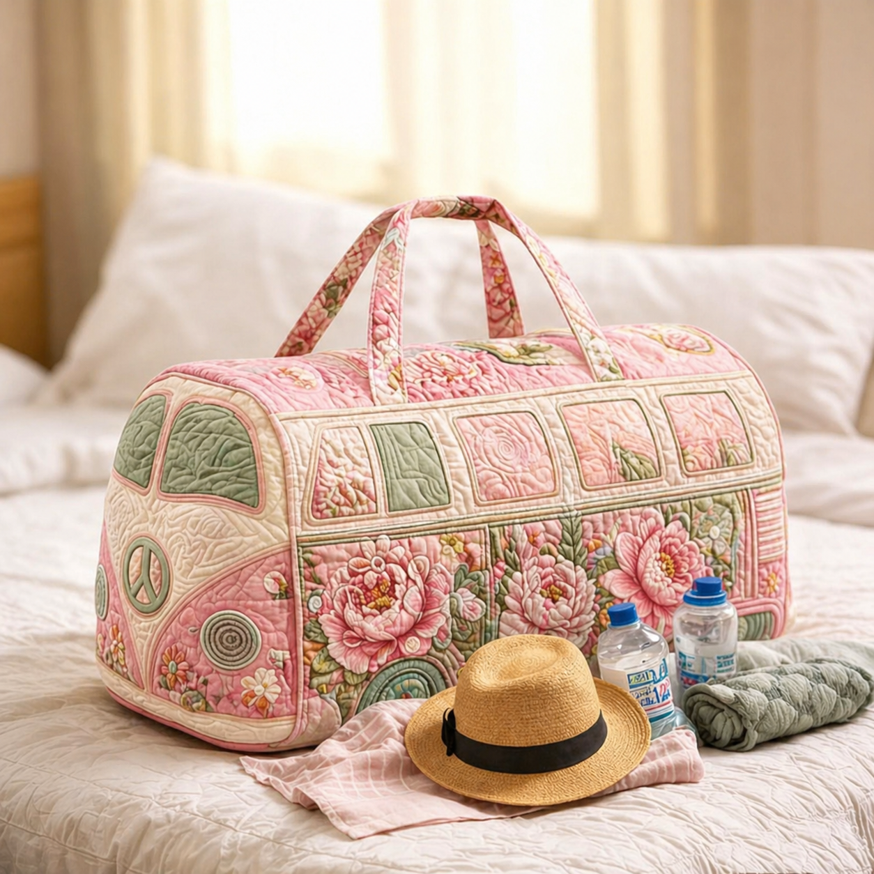 Blush Peony Hippie Van Quilted Duffle Bag