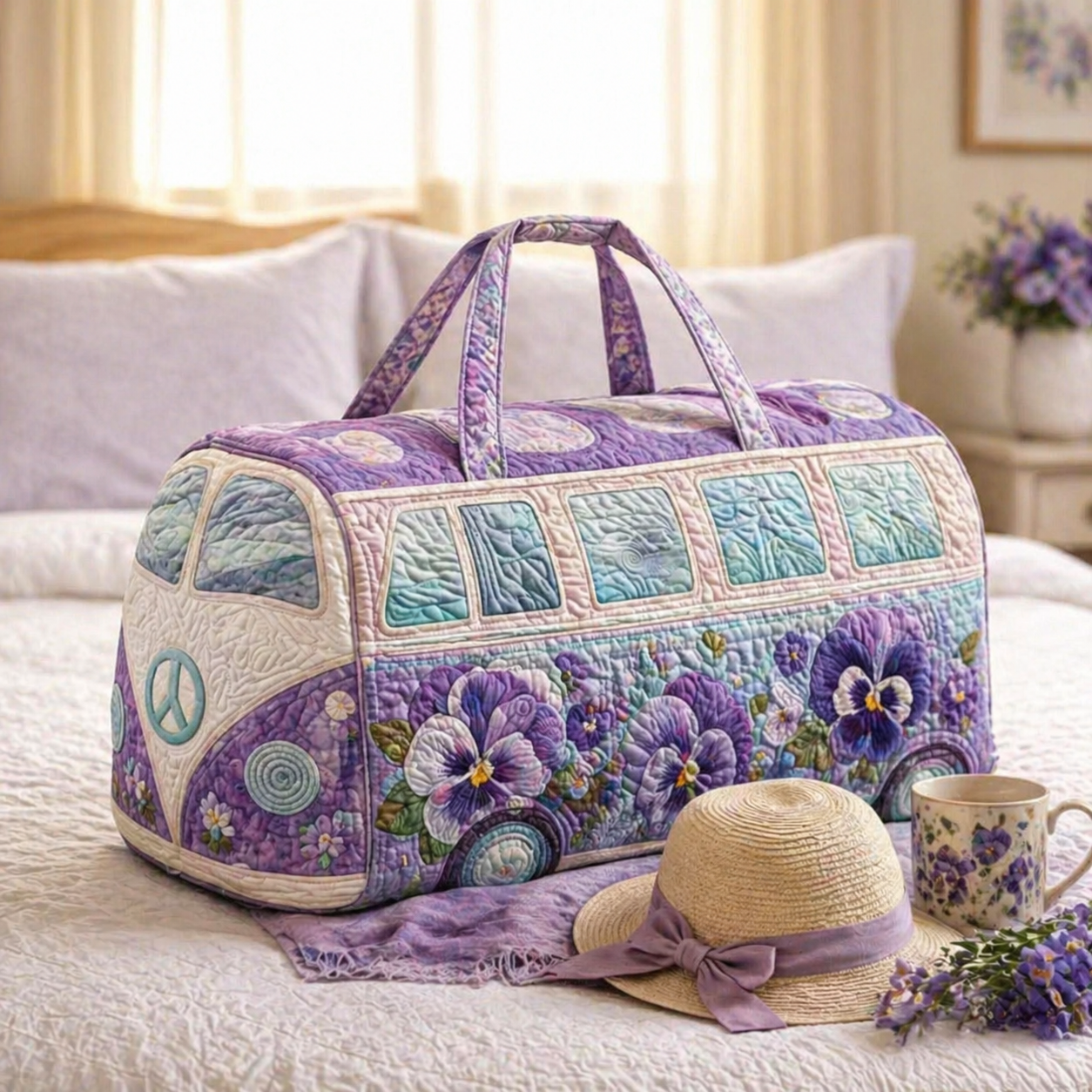 Pansy Purple Watercolor Hippie Van Quilted Duffle Bag