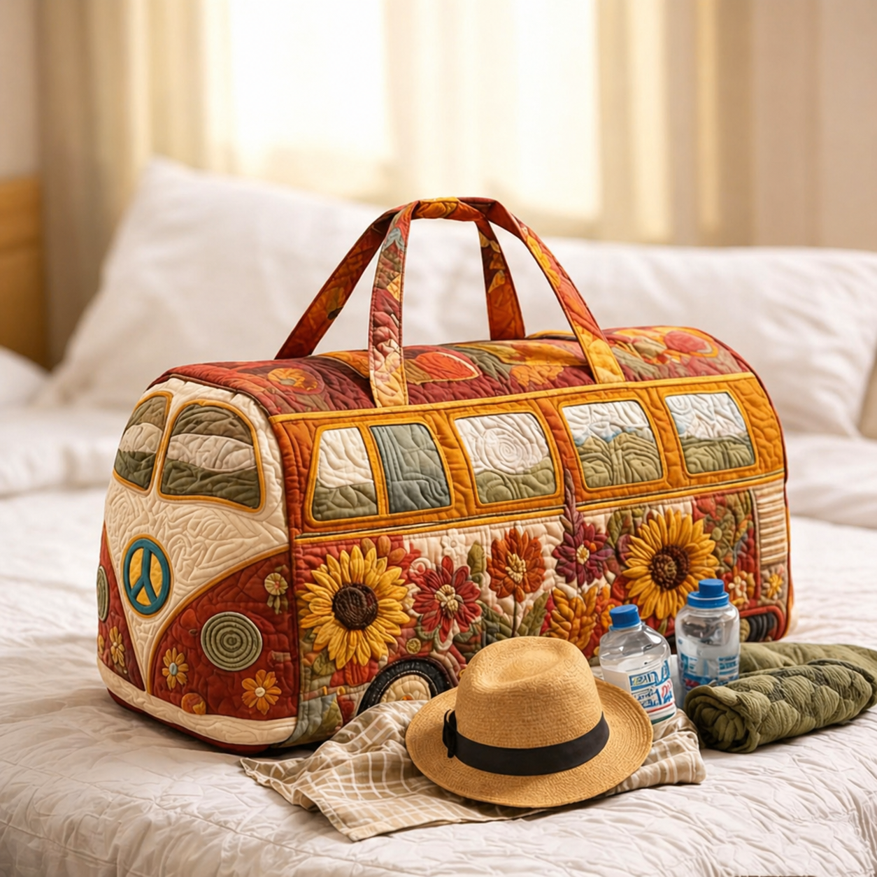 Autumn Sunflower Hippie Van Quilted Duffle Bag