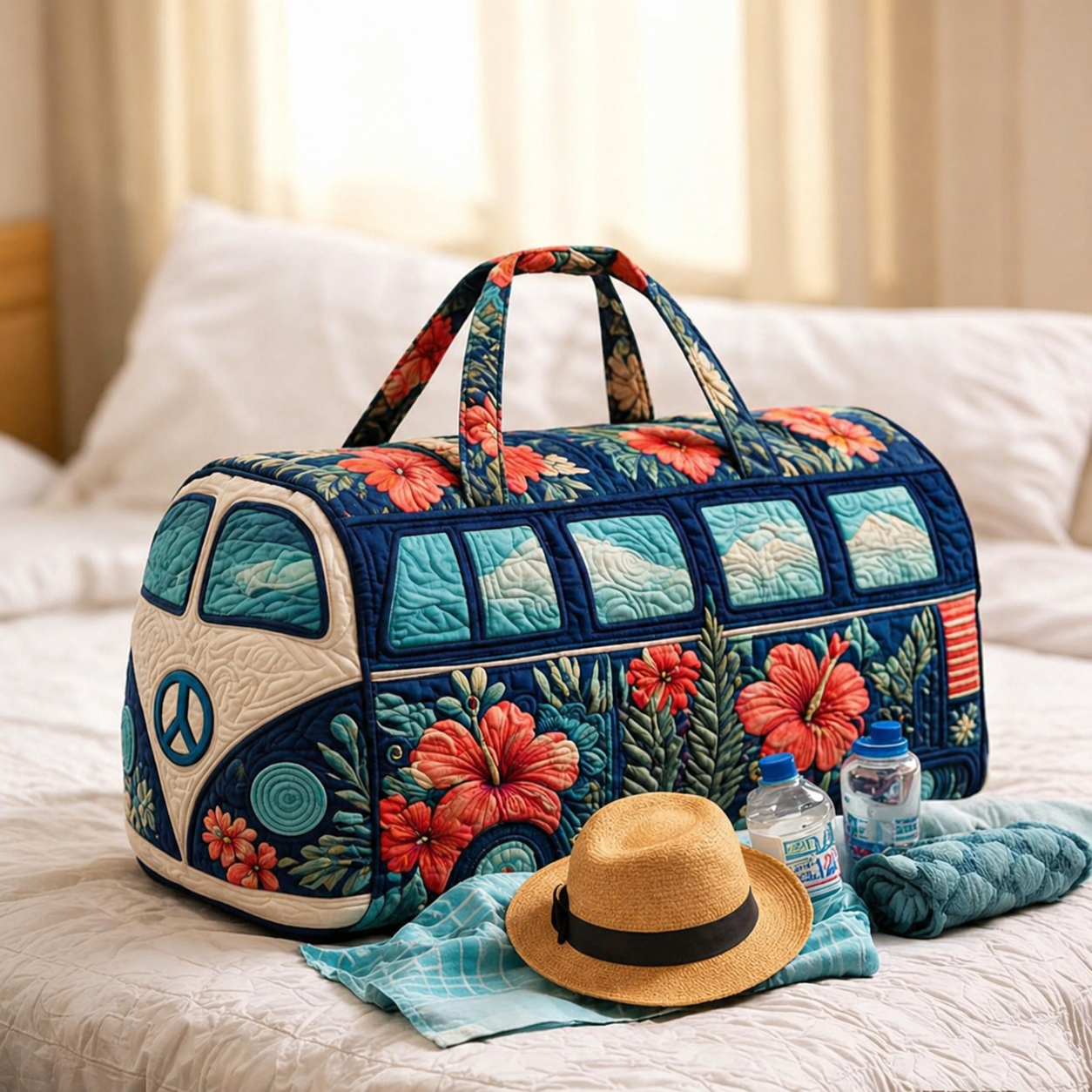 Navy Hibiscus Tropical Hippie Van Quilted Duffle Bag