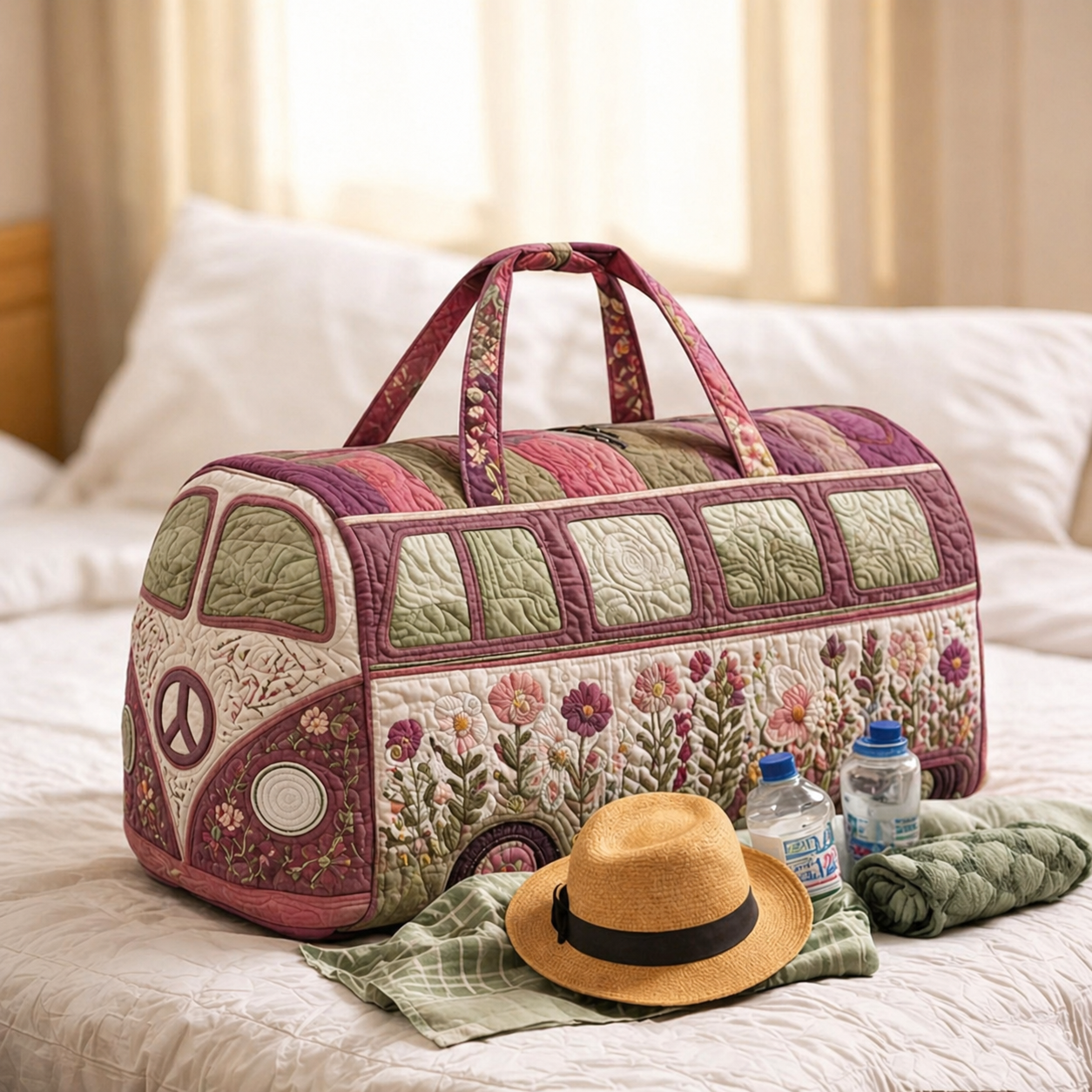 Mauve Meadow Peace Hippie Van Quilted Duffle Bag