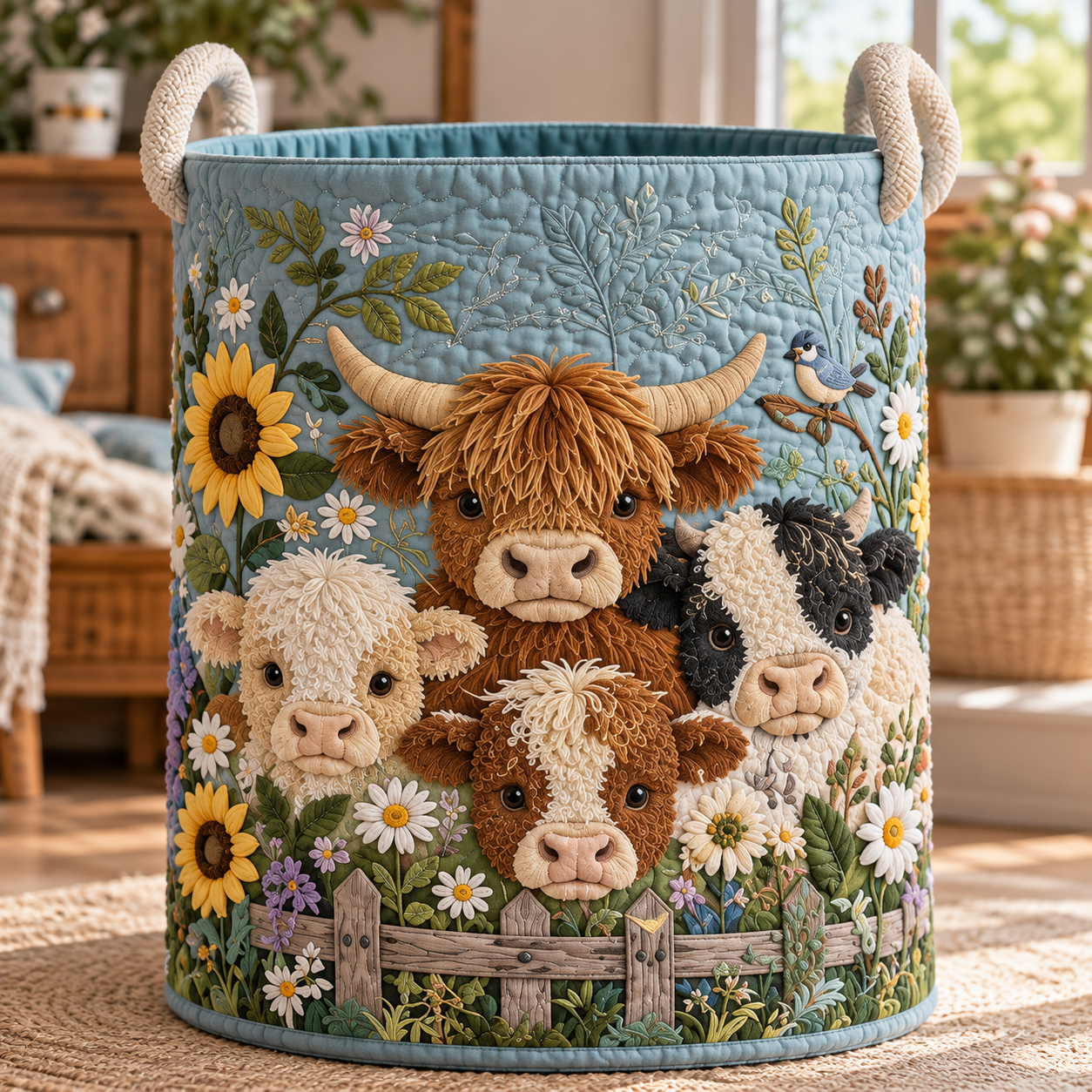 Farm Animal Sunflower Meadow Quilted Laundry Basket 