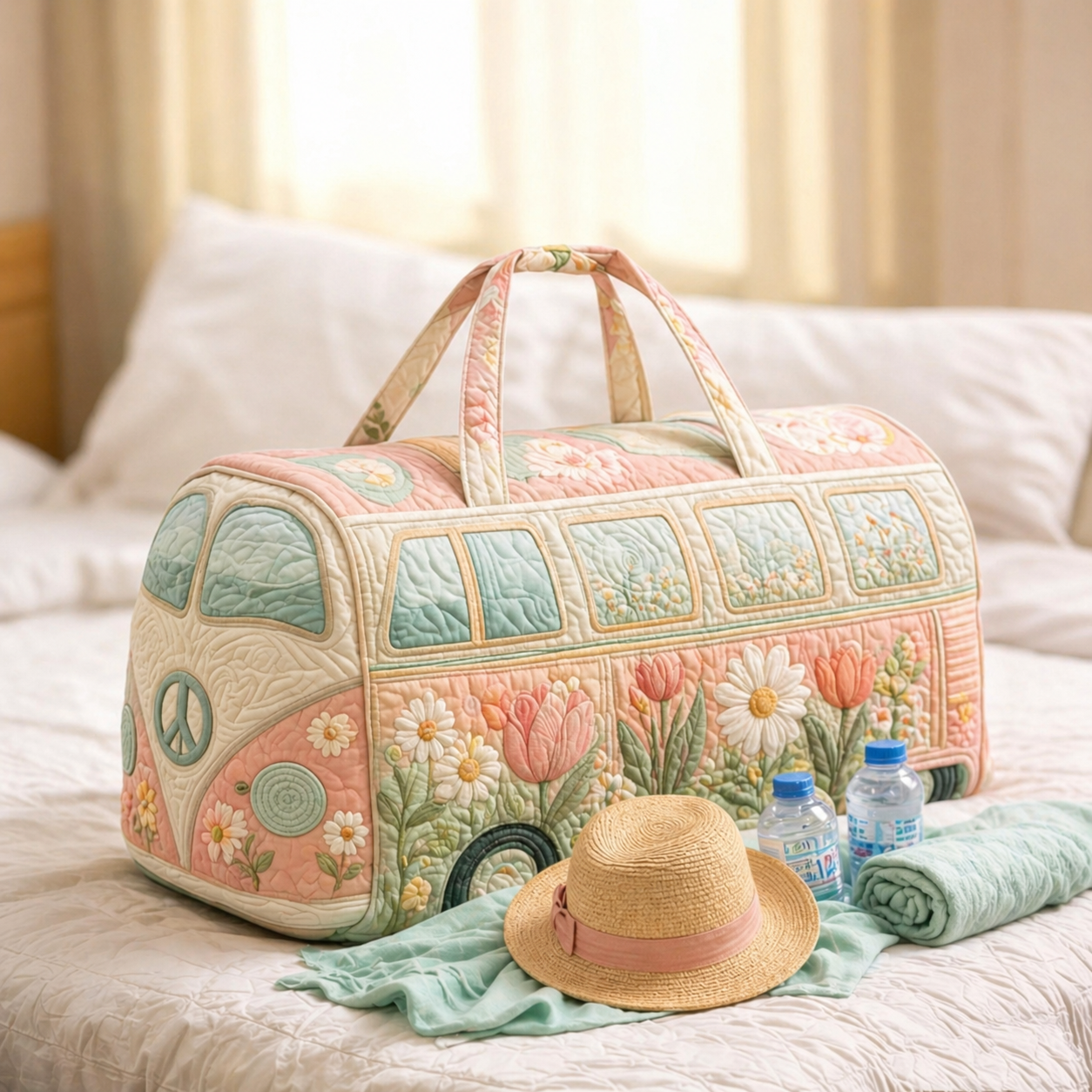 Pastel Tulip & Daisy Peace Hippie Van Quilted Duffle Bag