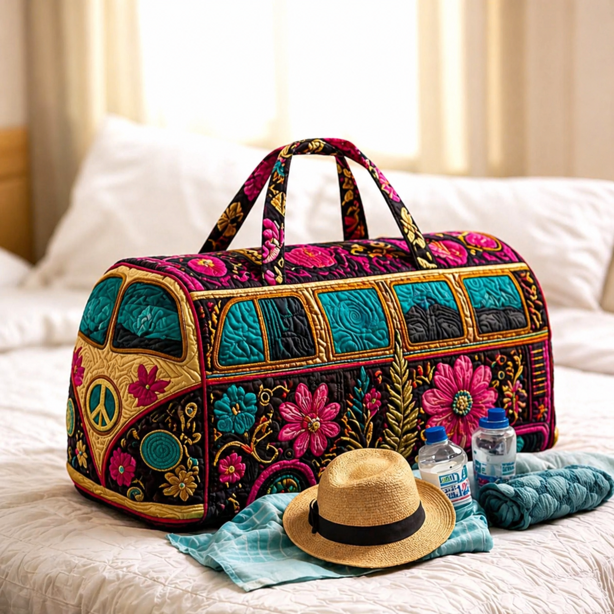 Midnight Folk Flower Hippie Van Quilted Duffle Bag