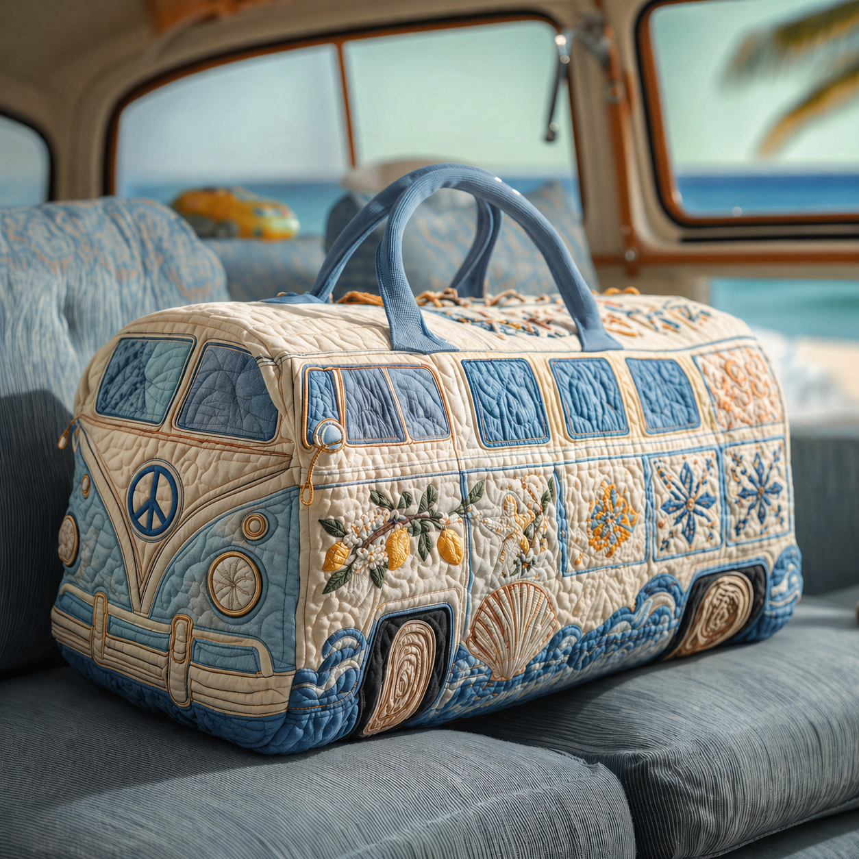 Mediterranean Lemon & Shell Hippie Van Quilted Duffle Bag