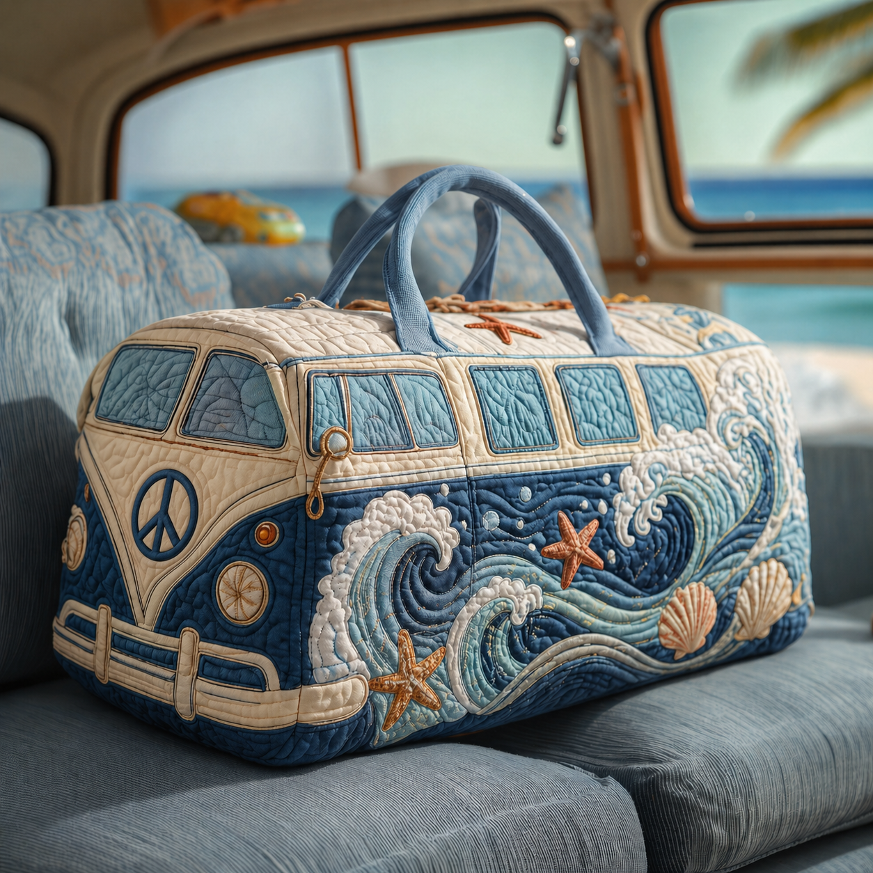 Ocean Wave & Starfish Hippie Van Quilted Duffle Bag
