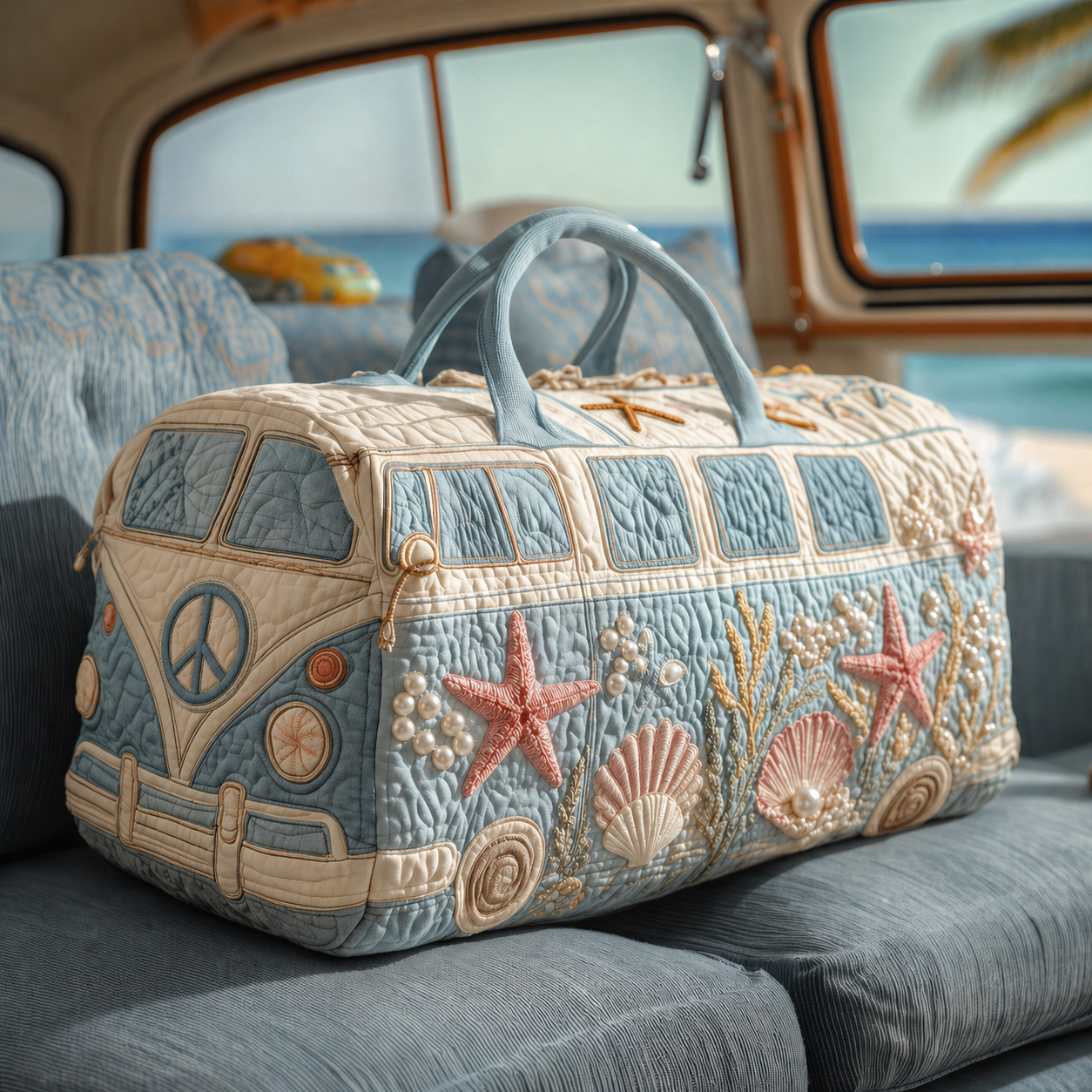 Pearl Shell & Coral Hippie Van Quilted Duffle Bag