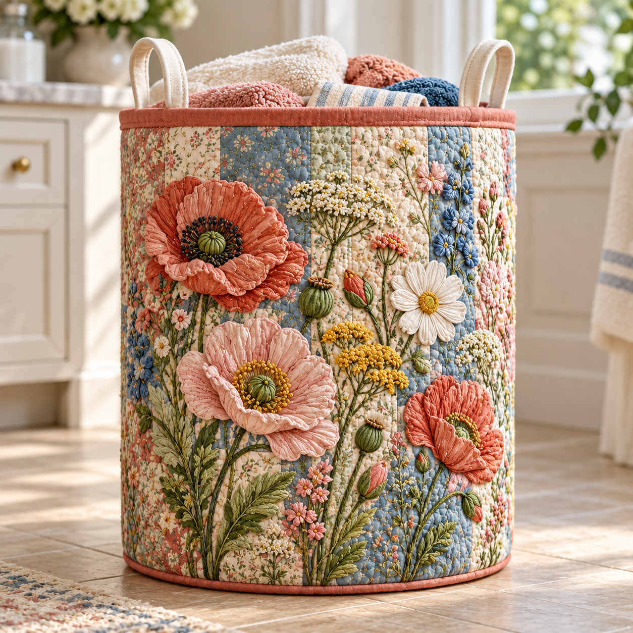 Poppy Daisy Wildflower Garden Quilted Laundry Basket