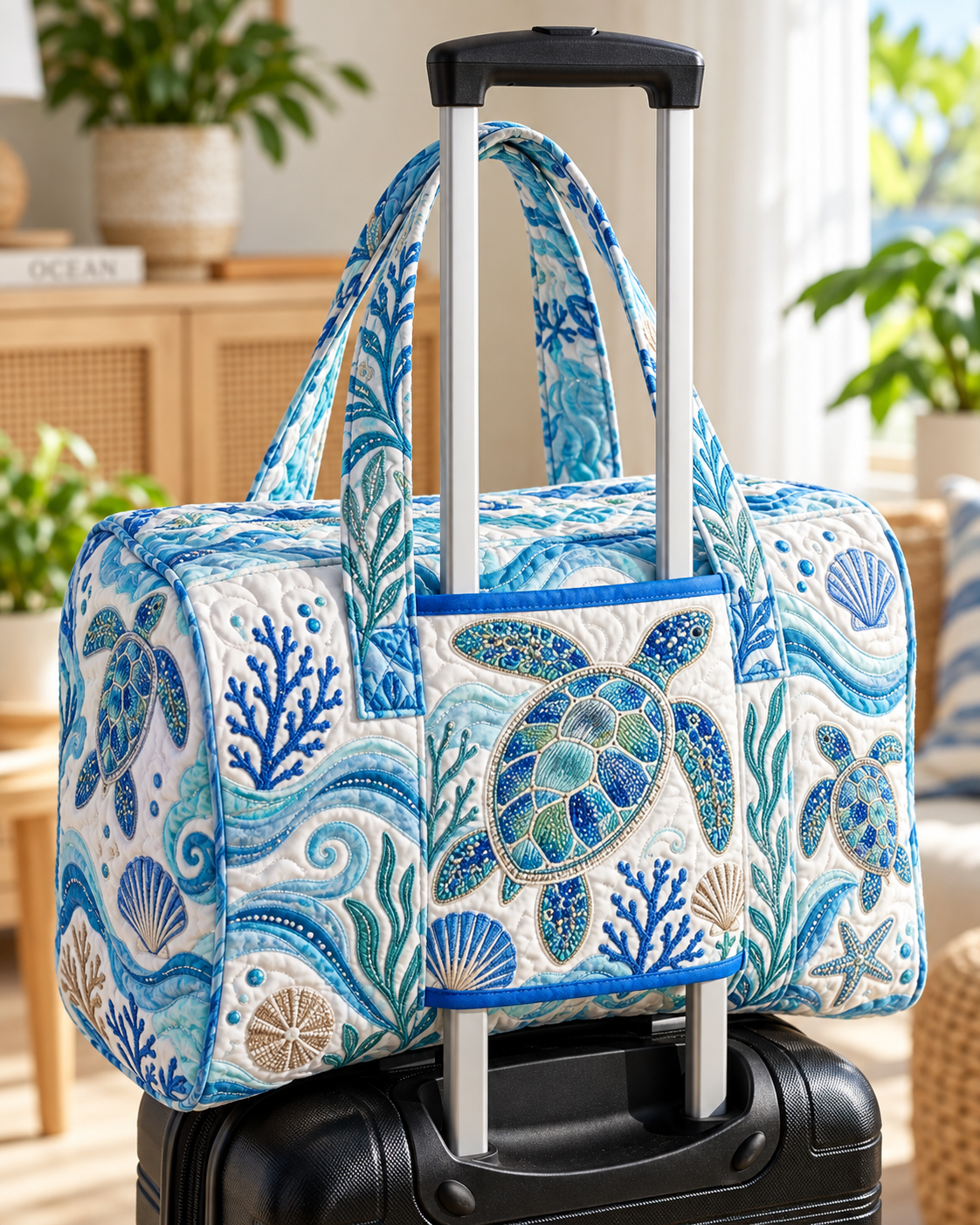 Blue Ocean Sea Turtle Quilted Weekender Bag With Trolley Sleeve
