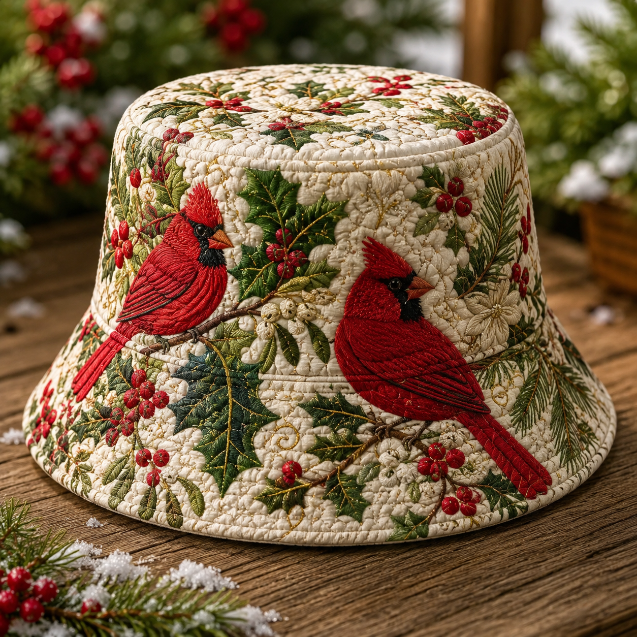 Cardinal Holly Winter Quilted Fishing Hat