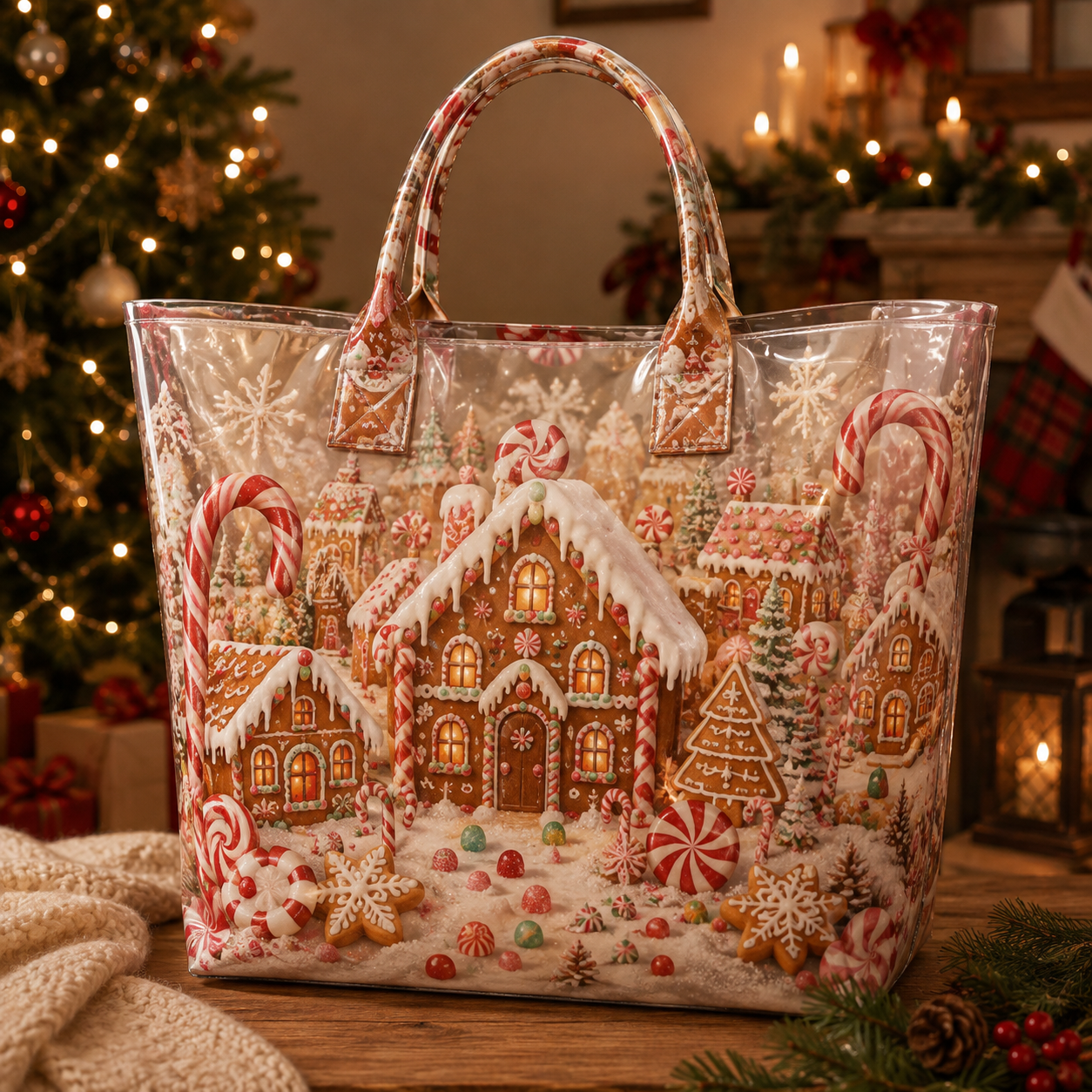 Gingerbread Village Candy Cane PVC Tote Bag