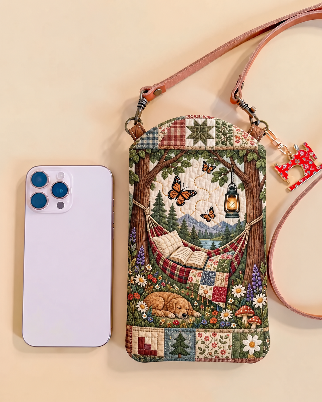 Butterfly Camping Patchwork Quilted Slim Phone Crossbody Bag