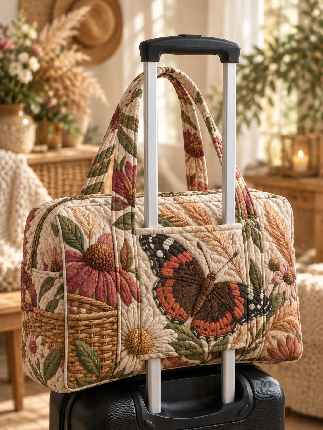Autumn Butterfly Daisy Quilted Weekender Bag With Trolley Sleeve
