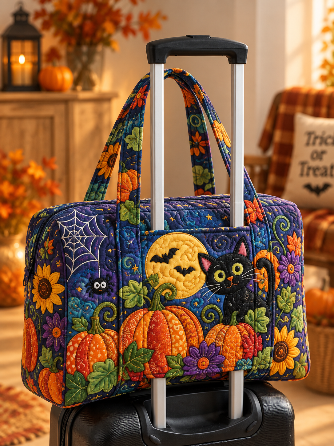 Black Cat Moonlit Pumpkin Quilted Weekender Bag With Trolley Sleeve