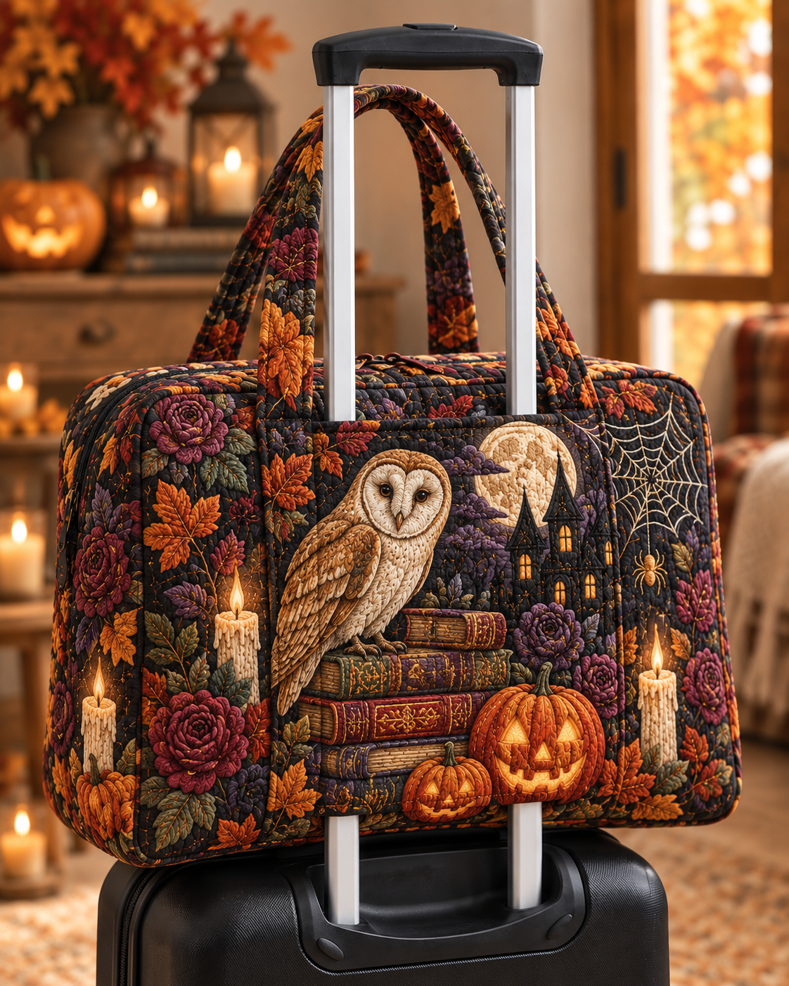 Owl Candlelit Library Pumpkin Quilted Weekender Bag With Trolley Sleeve