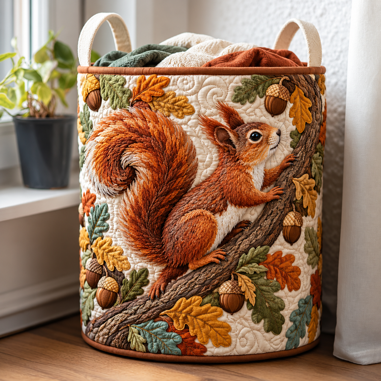 Autumn Squirrel & Acorn Quilted Laundry Basket