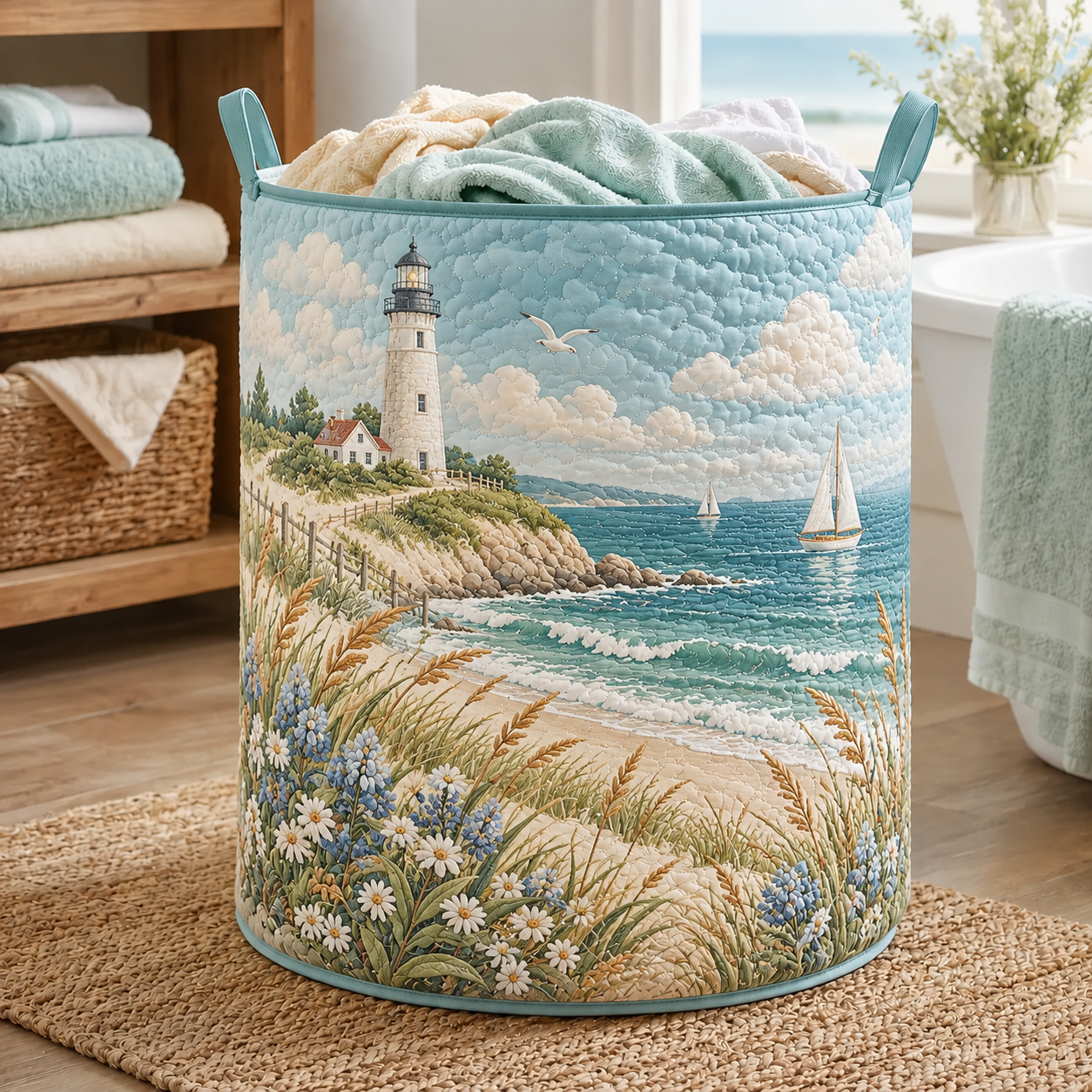 Coastal Lighthouse Seaside Quilted Laundry Basket