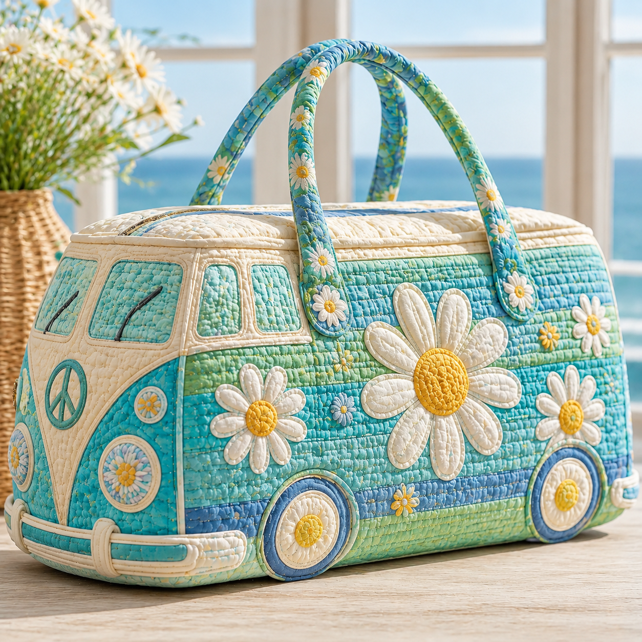 Coastal Daisy Breeze Quilted Duffle Bag