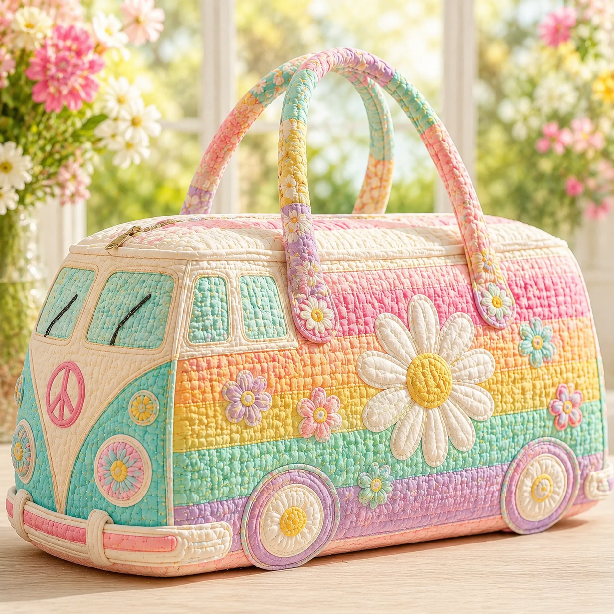 Pastel Daisy Dream Quilted Duffle Bag