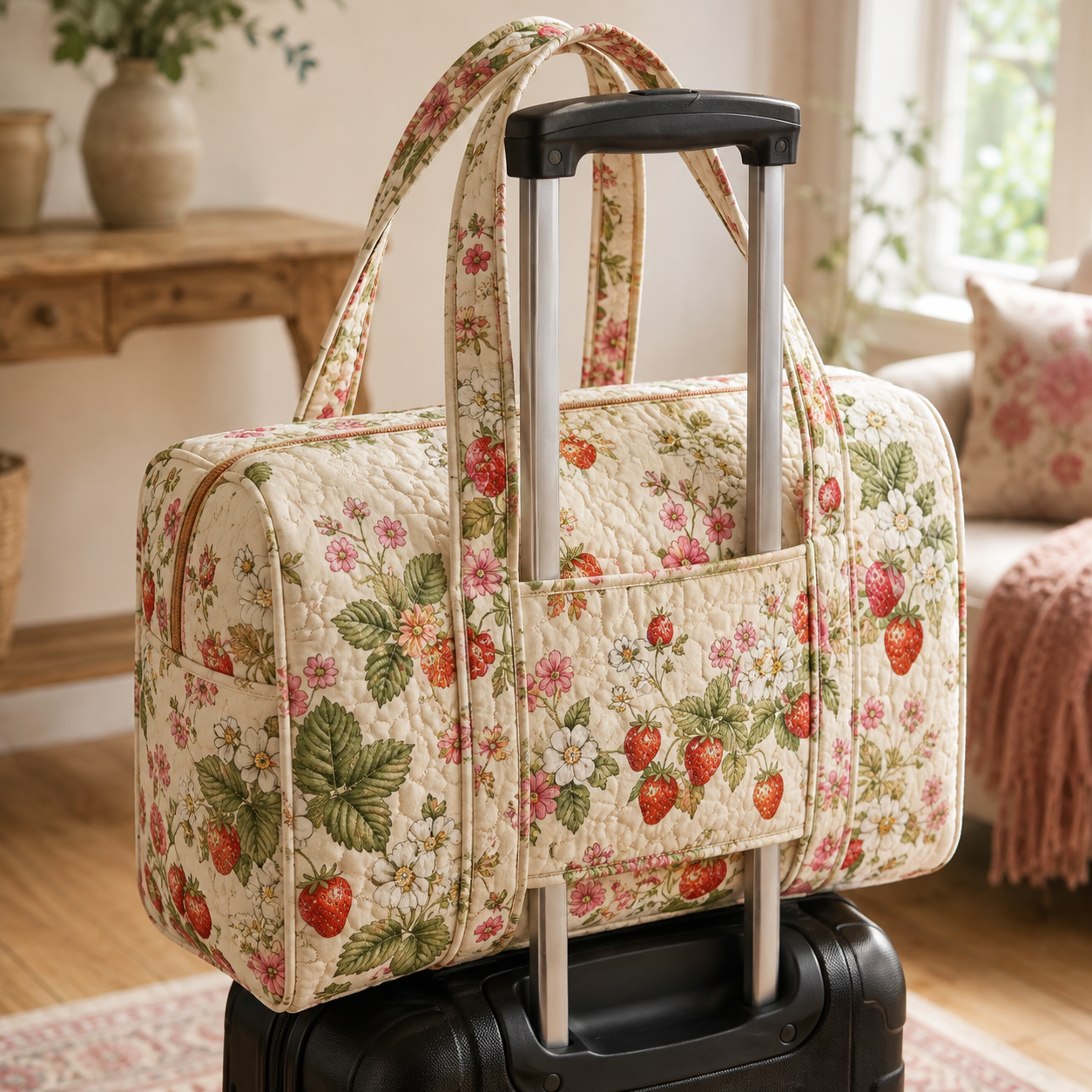 Strawberry Blossom Quilted Weekender Bag With Trolley Sleeve