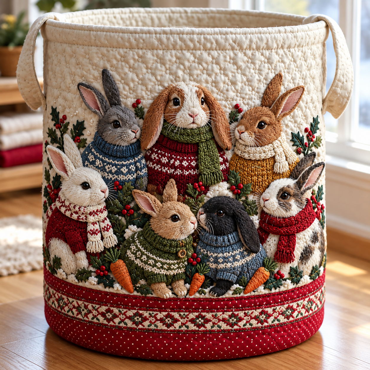 Christmas Bunny Friends Quilted Laundry Basket