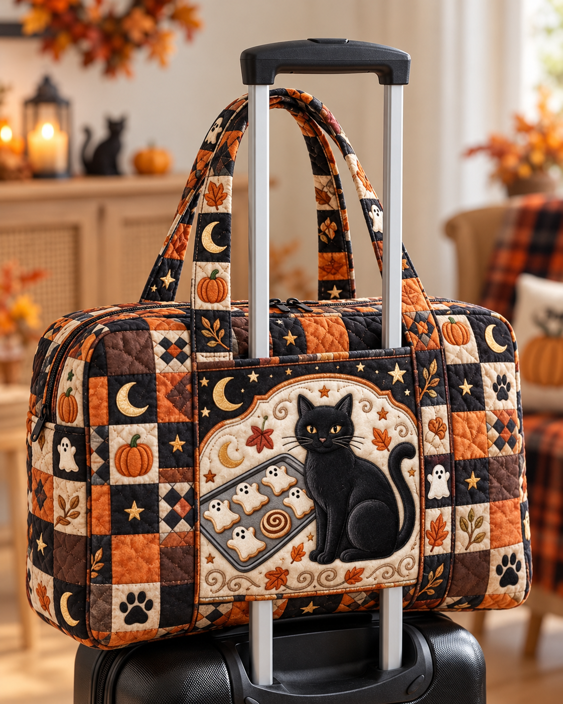 Black Cat Moon Patchwork Quilted Weekender Bag With Trolley Sleeve