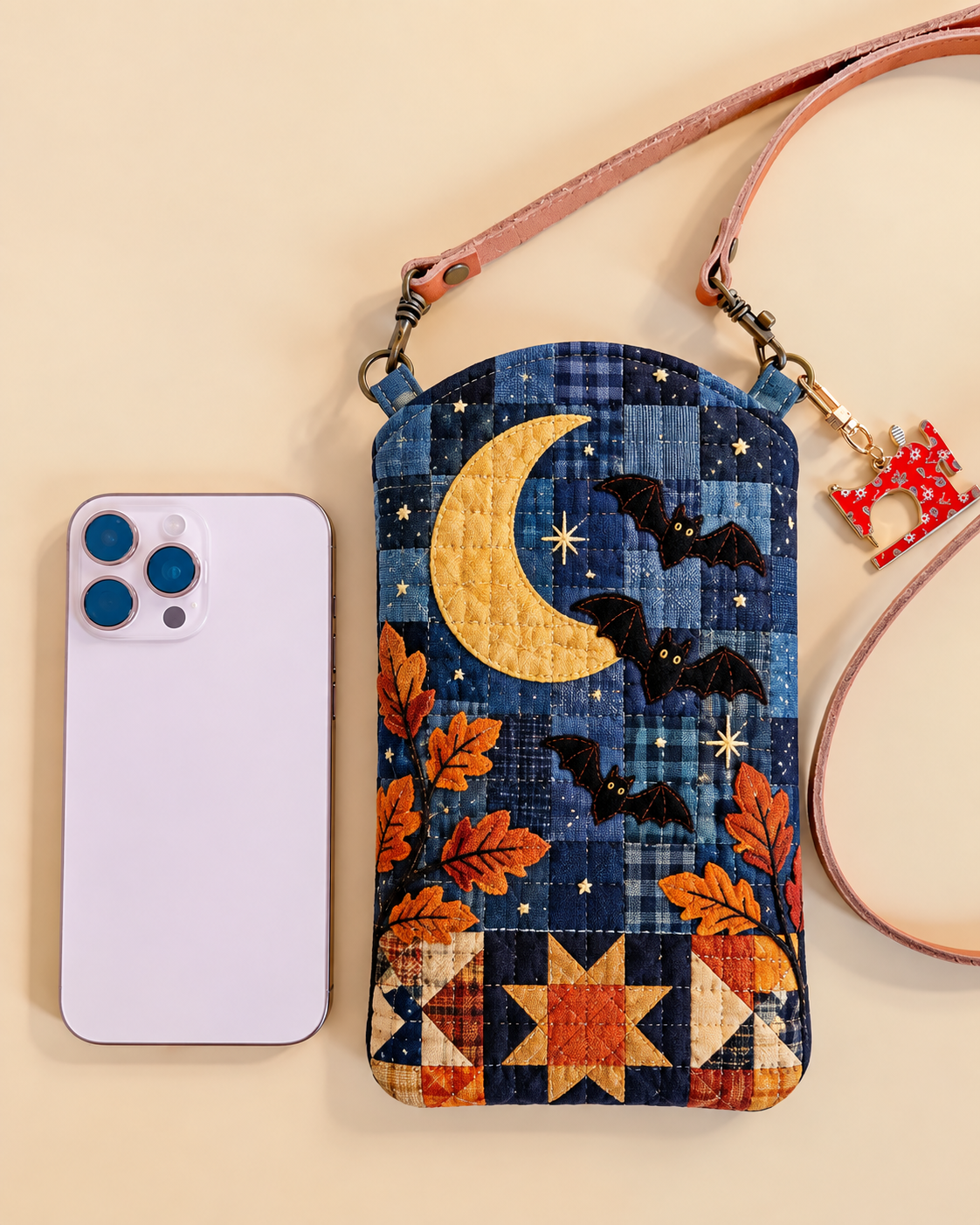 Crescent Moon Bat Quilted Slim Phone Crossbody Bag
