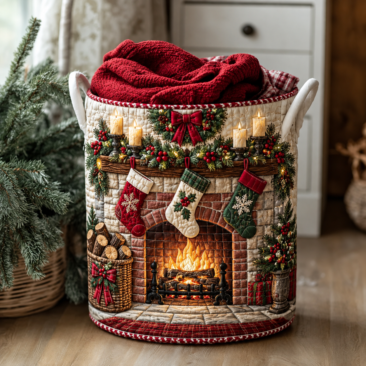 Christmas Fireplace & Stockings Quilted Laundry Basket