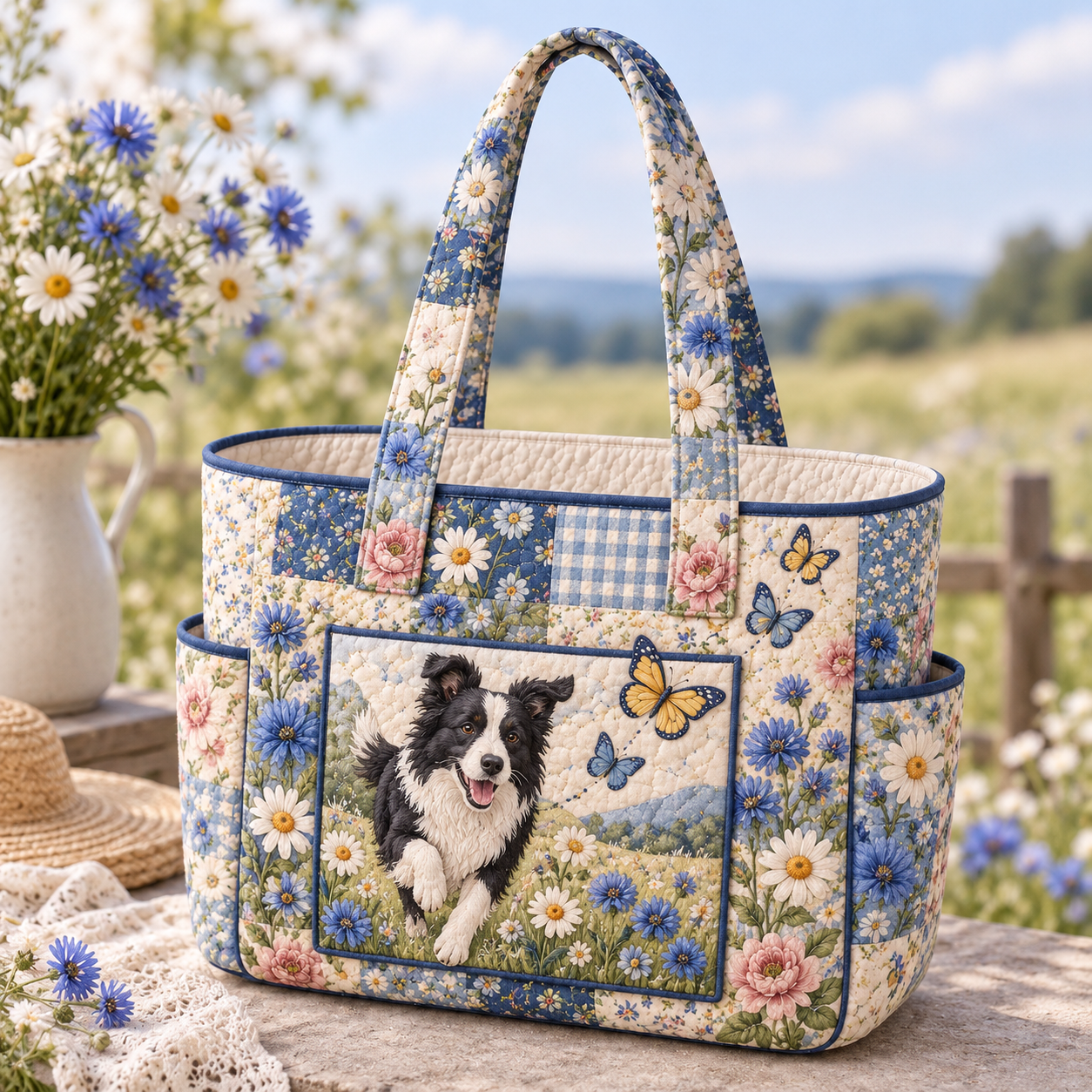 Blue Butterfly Border Collie Multiple Pockets Quilted Tote Bag