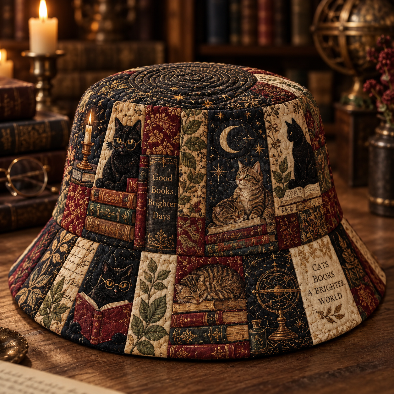 Midnight Cat Library Patchwork Quilted Fishing Hat