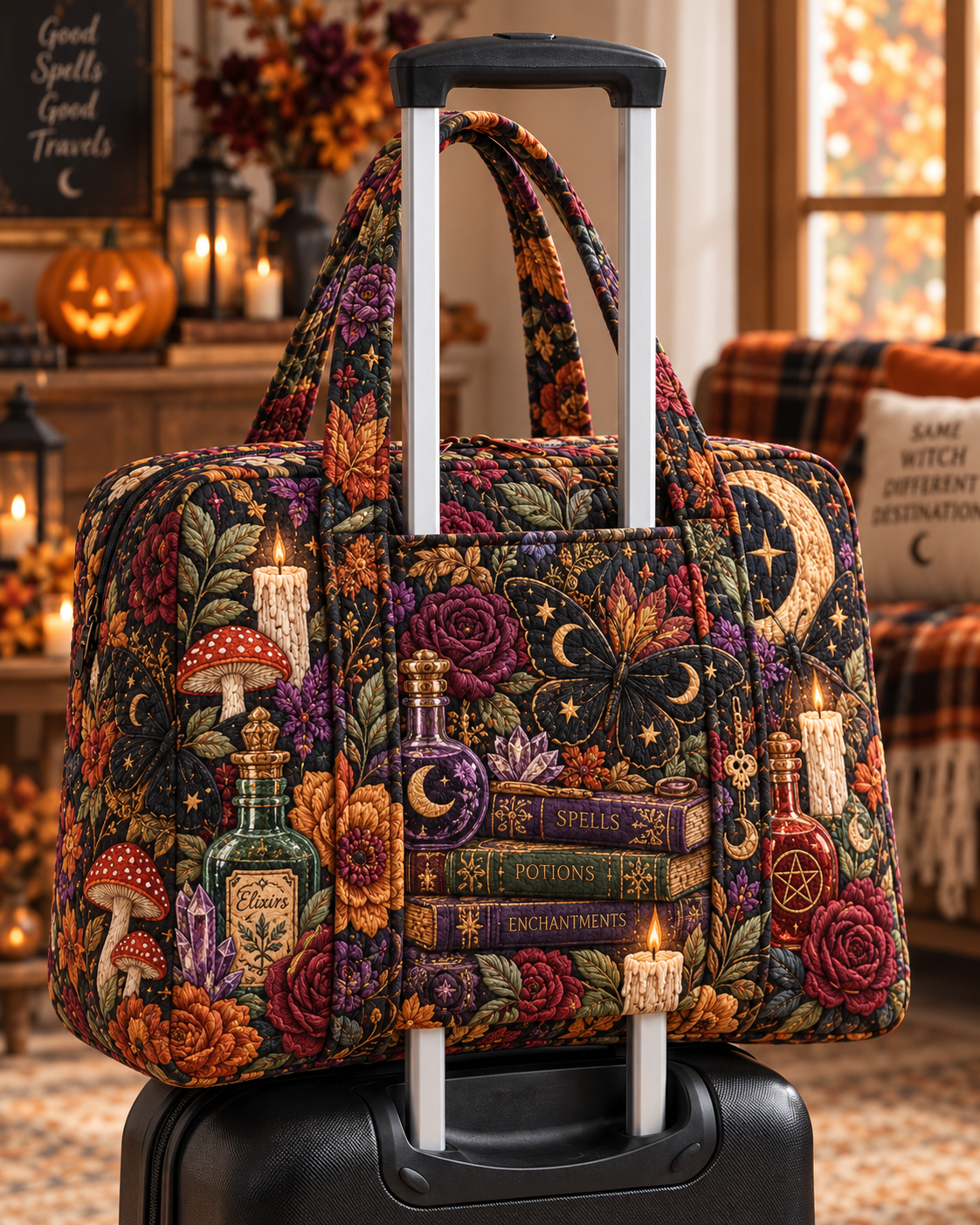 Enchanted Witch Library Patchwork Quilted Weekender Bag With Trolley Sleeve