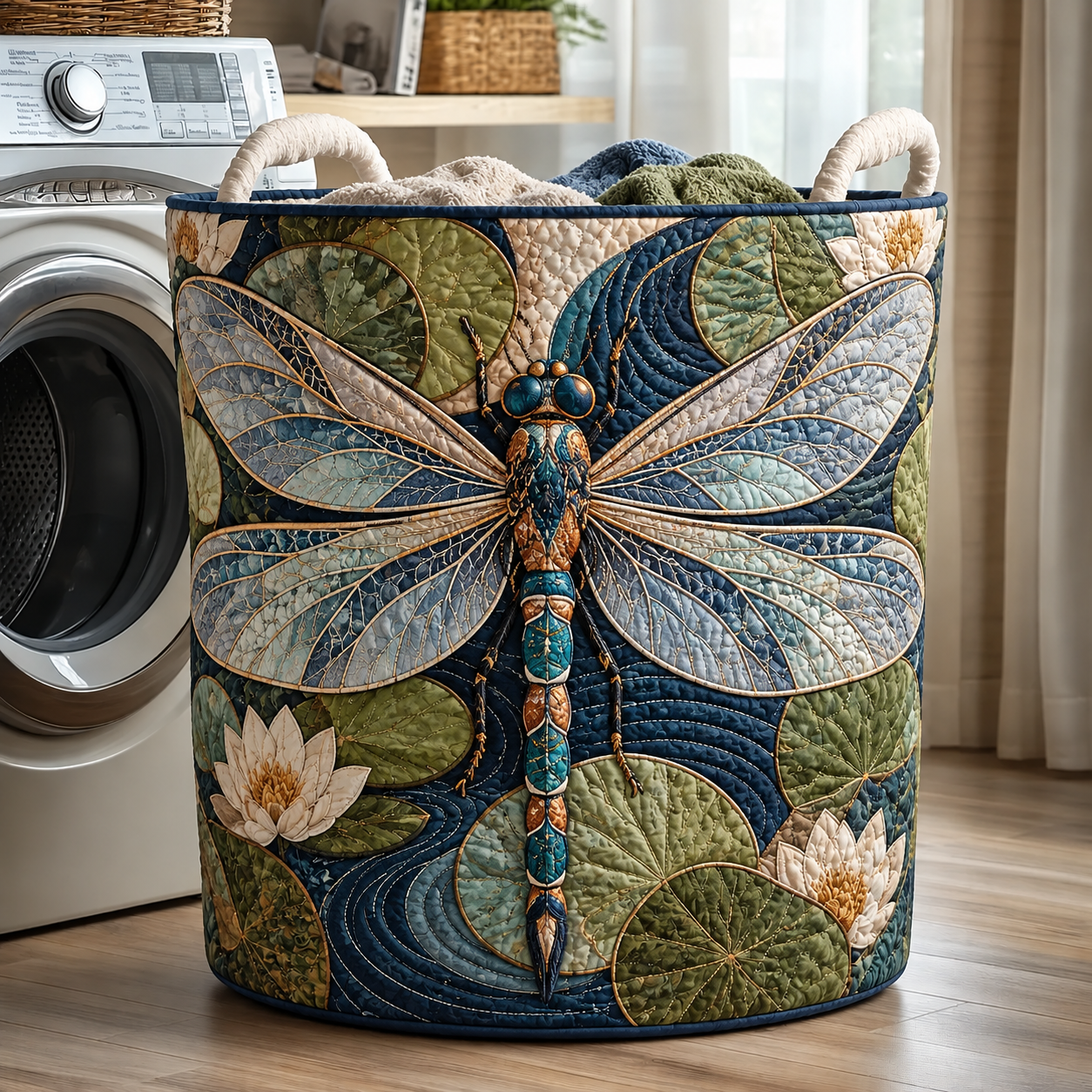 Blue Dragonfly Lily Pond Quilted Laundry Basket