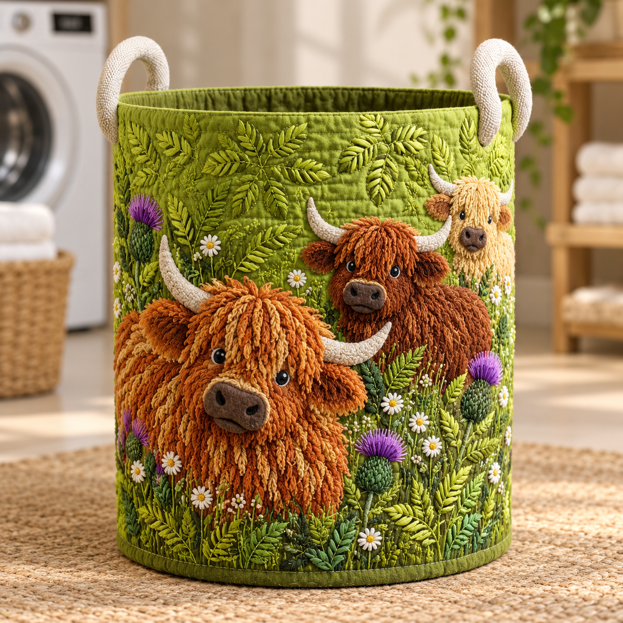 Highland Cow Meadow Quilted Laundry Basket