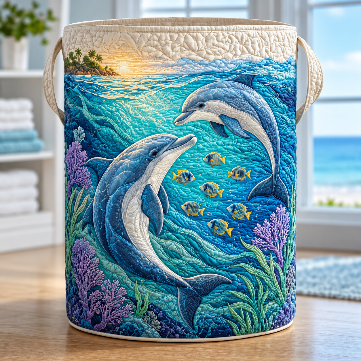 Dolphin Coral Garden Quilted Laundry Basket