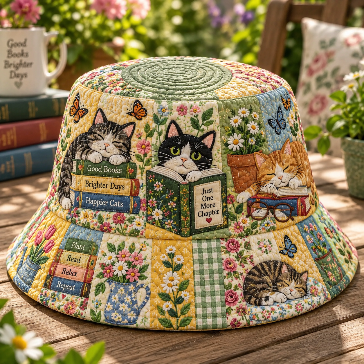 Garden Cats Reading Time Quilted Fishing Hat