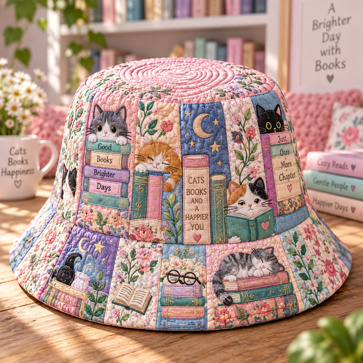Pastel Cat Library Dream Quilted Fishing Hat