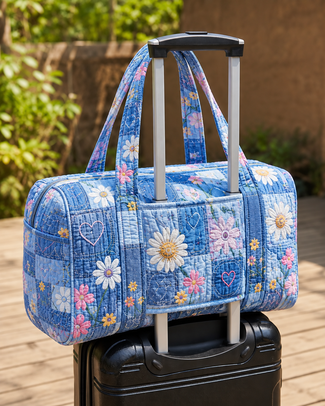 Sky Blue Daisy Patchwork Quilted Weekender Bag With Trolley Sleeve