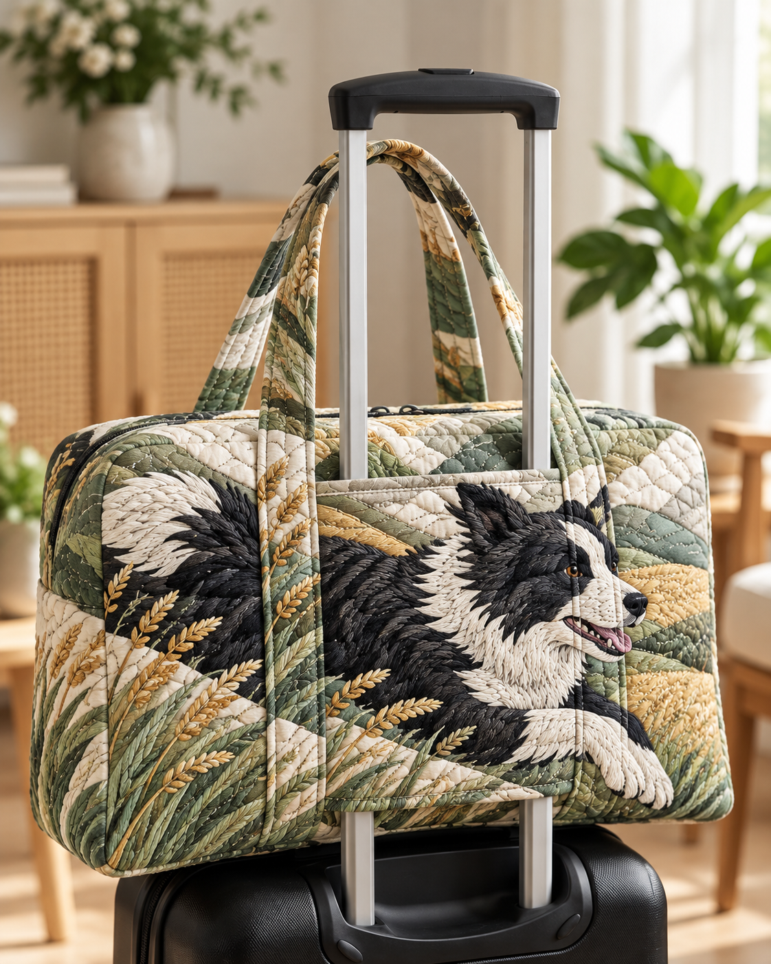 Border Collie Meadow Quilted Weekender Bag With Trolley Sleeve