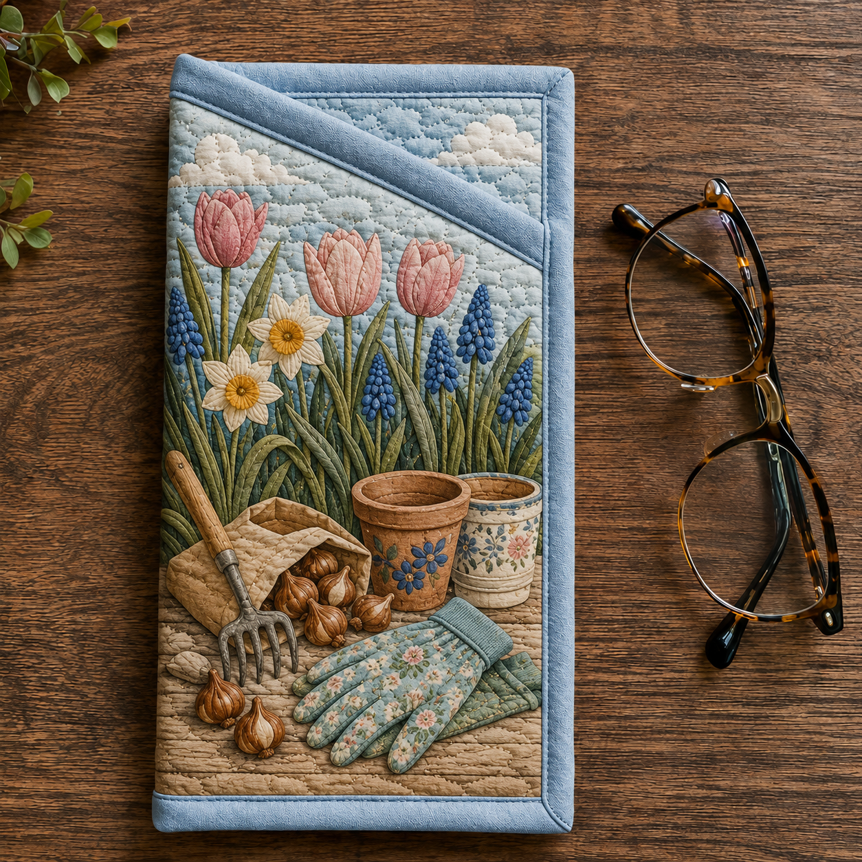 Tulip Garden Picnic Scene Quilted Eyeglass Case