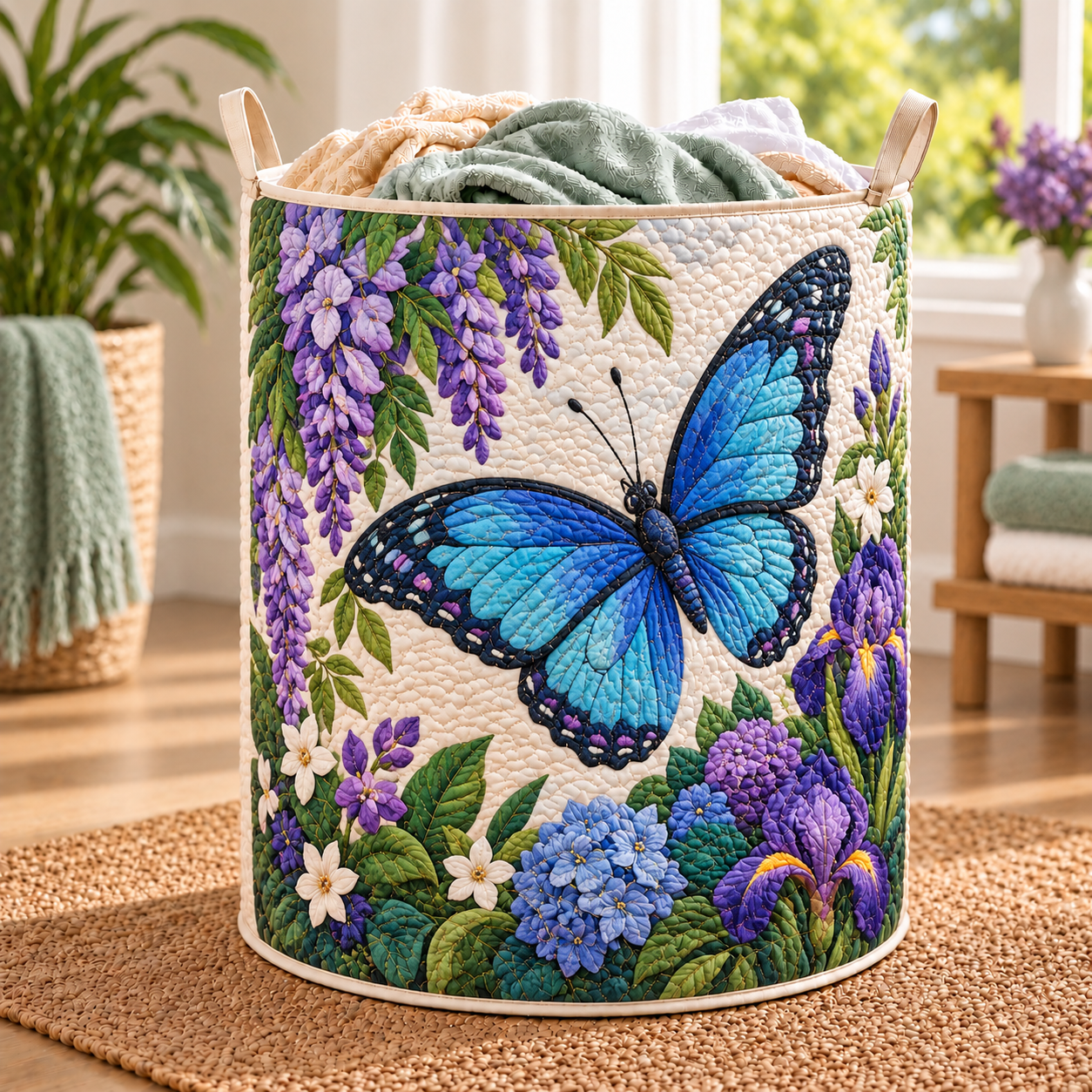 Blue Butterfly Hydrangea Garden Quilted Laundry Basket