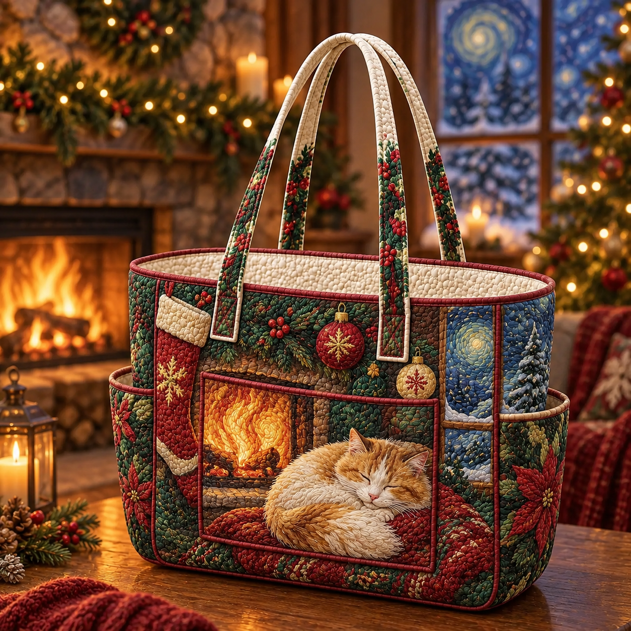 Cozy Christmas Cat Fireplace Multiple Pockets Quilted Tote Bag