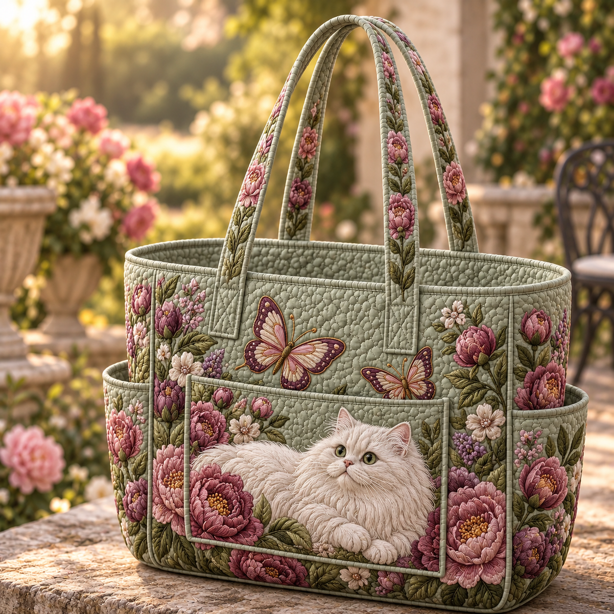 Rose Garden White Cat Multiple Pockets Quilted Tote Bag