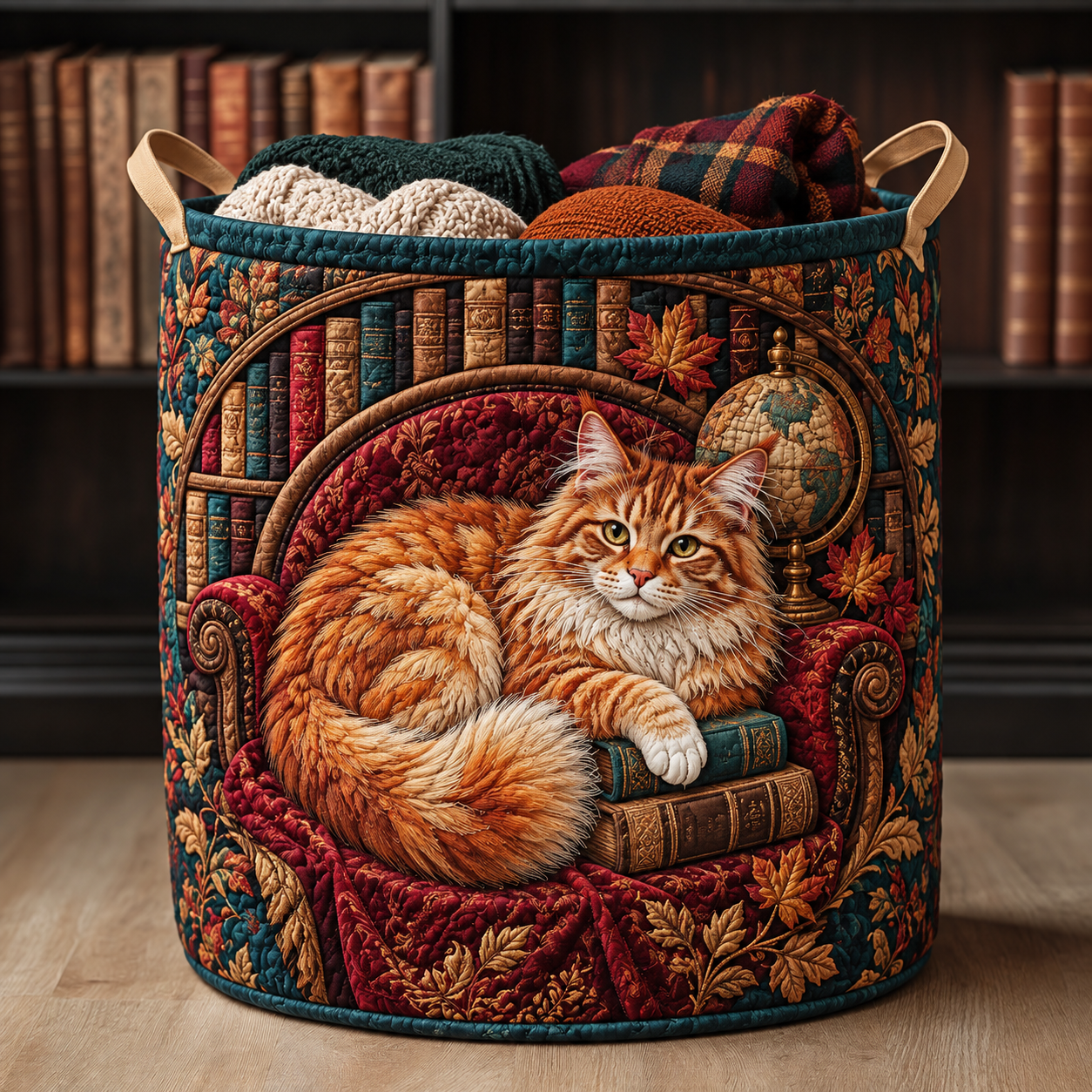 Orange Tabby Cozy Library Quilted Laundry Basket