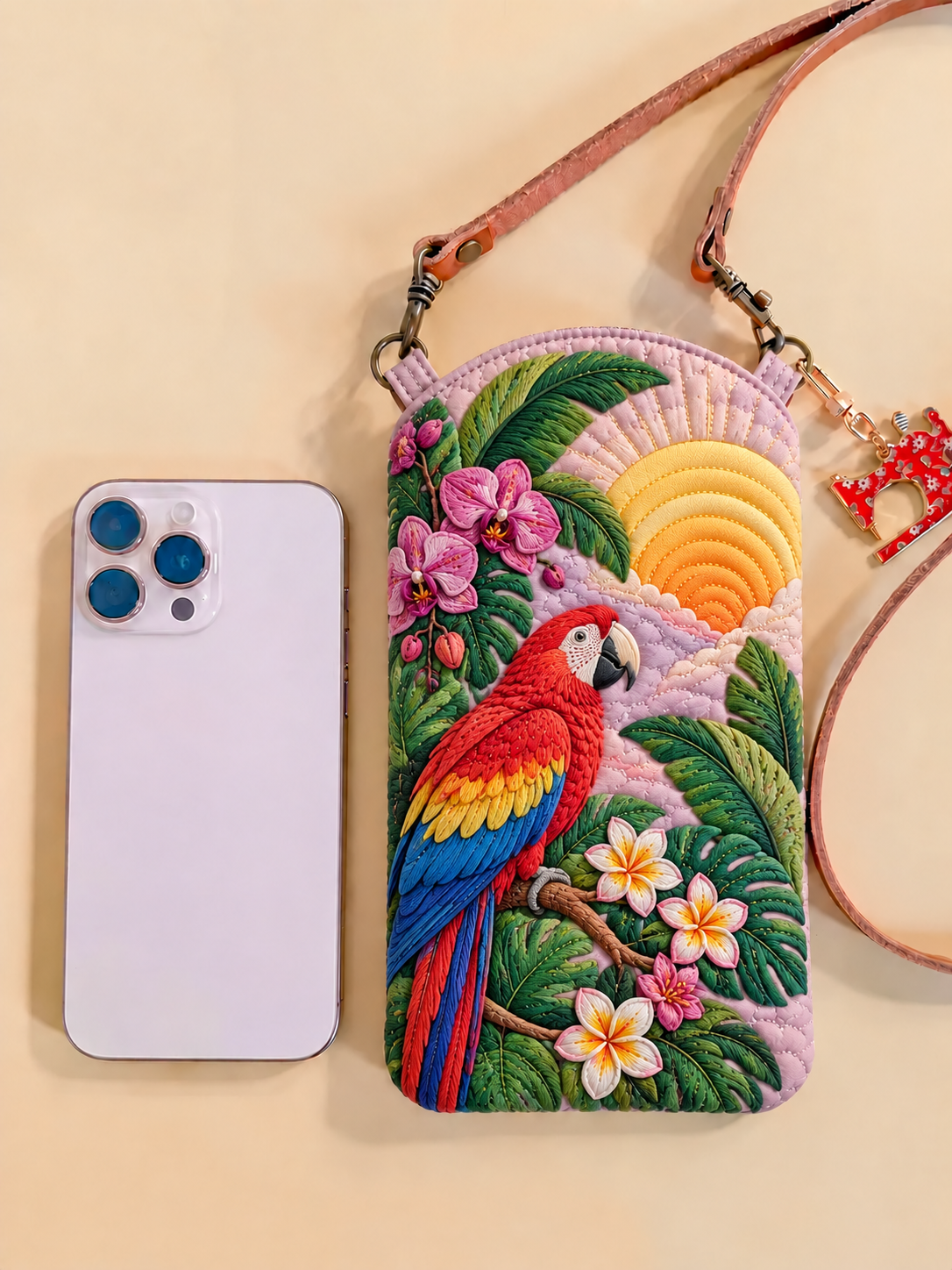 Rainbow Parrot Blossom Quilted Slim Phone Crossbody Bag