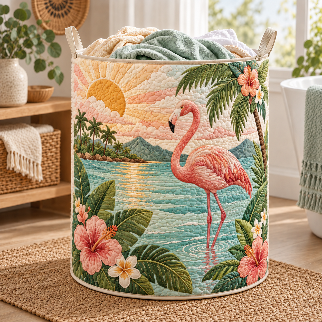Sunset Flamingo Shore Quilted Laundry Basket