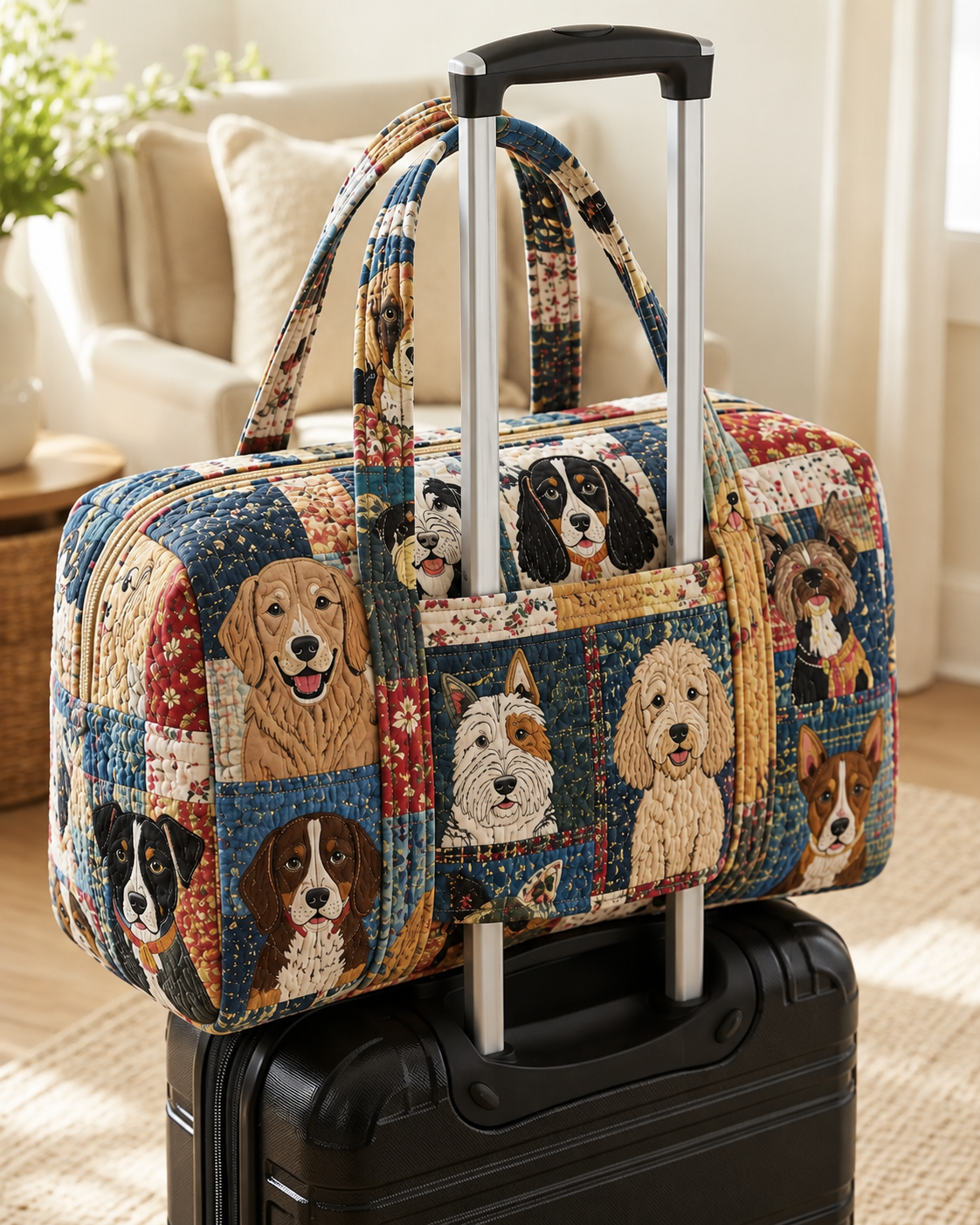 Vintage Dog Collage Patchwork Quilted Weekender Bag With Trolley Sleeve