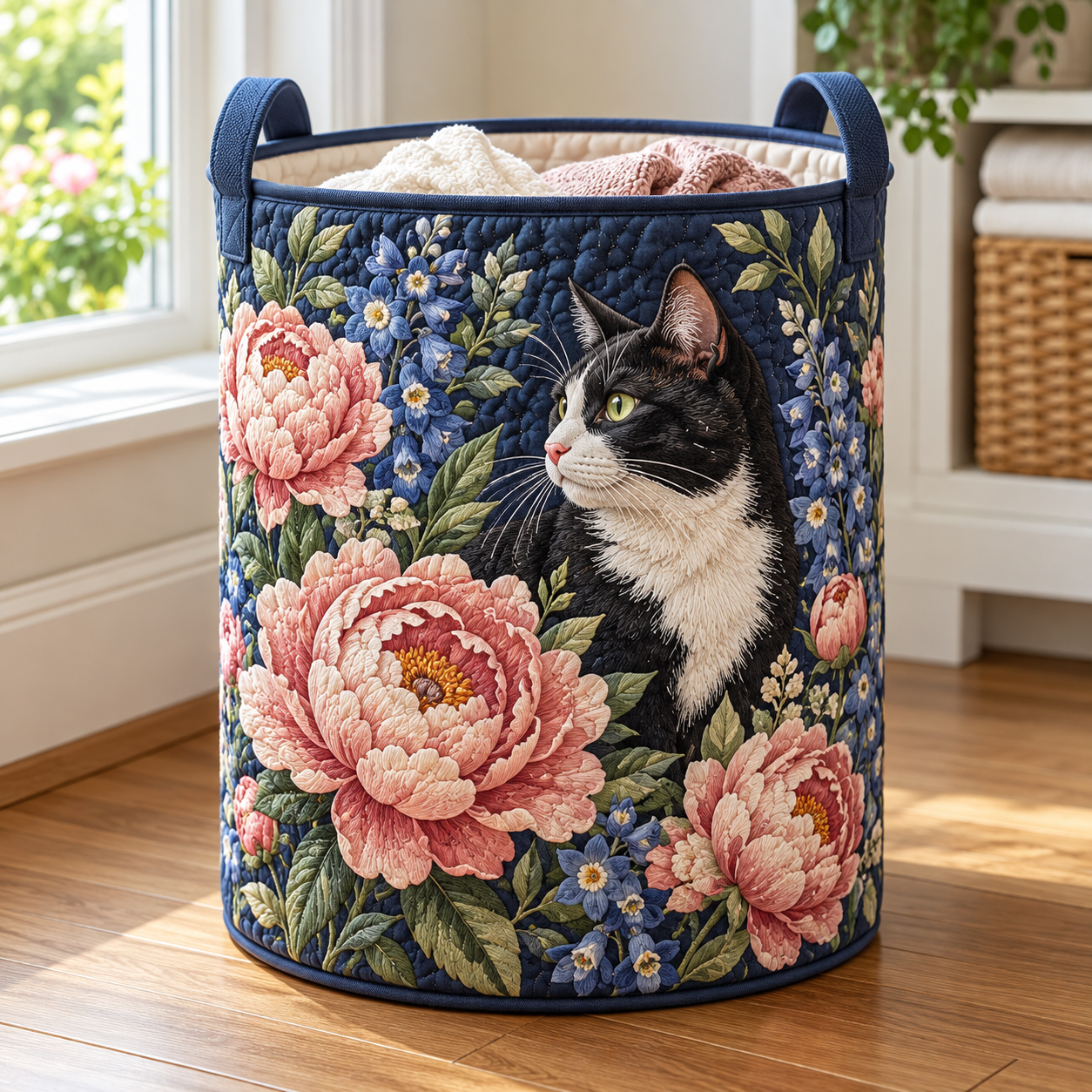 Tuxedo Cat Peony Garden Quilted Laundry Basket