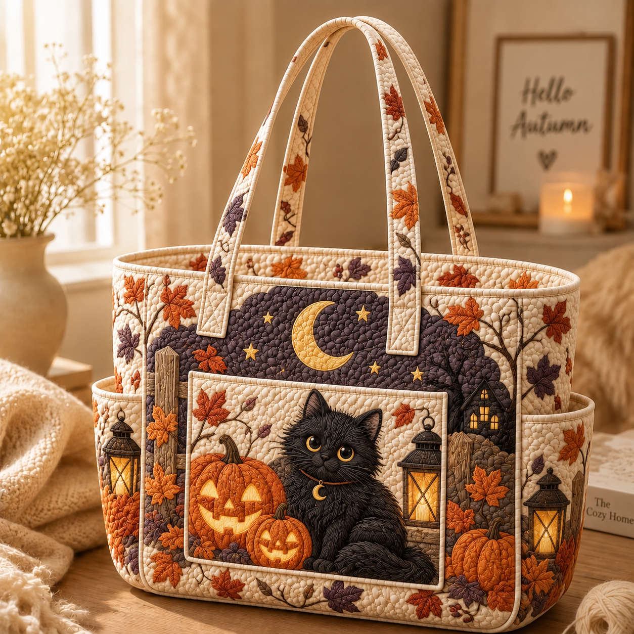 Black Cat Multiple Pockets Quilted Tote Bag