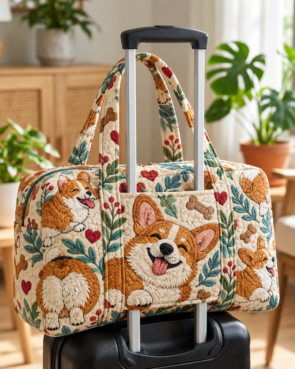 Playful Corgi Garden Quilted Weekender Bag With Trolley Sleeve